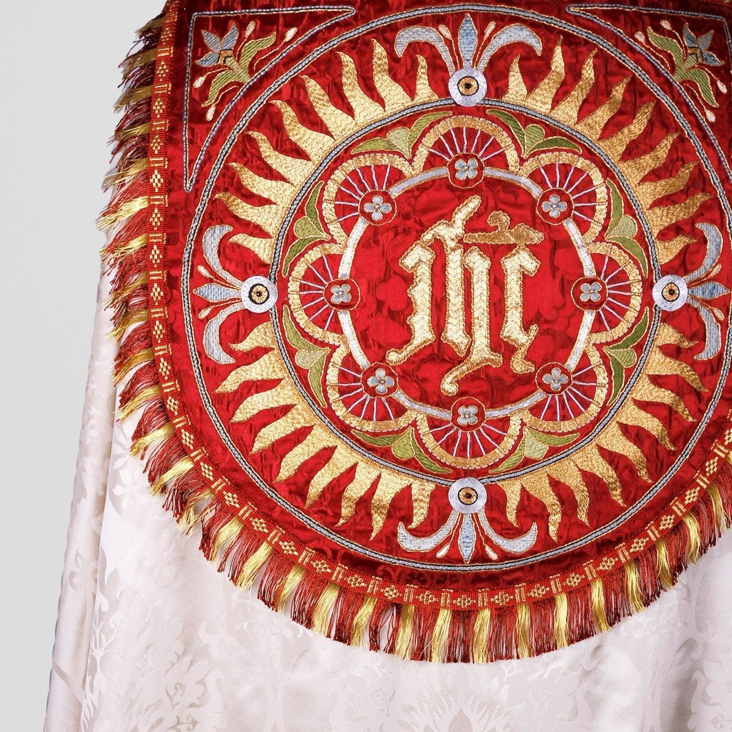 Embroidered Westminster Cope in Cream Gothic with Sarum Red Holbein Orphreys - Watts & Co.