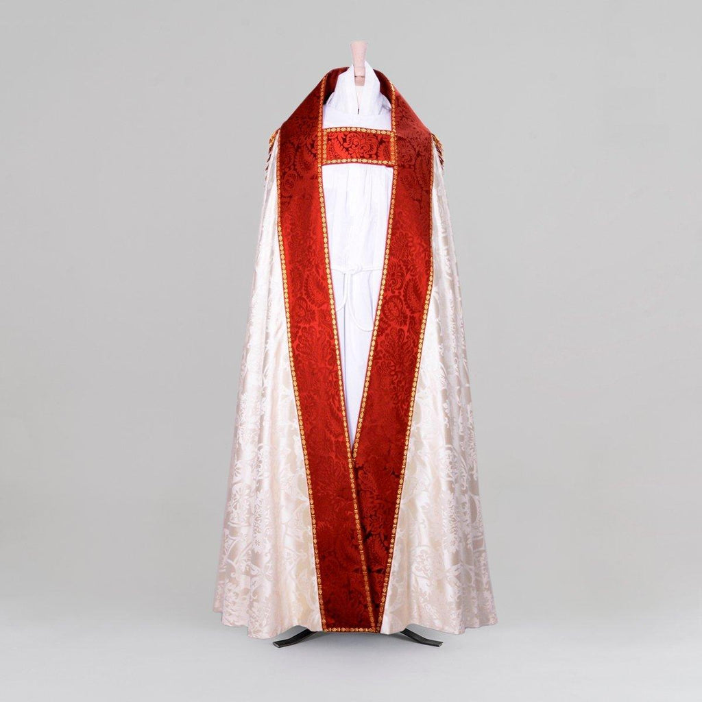 Embroidered Westminster Cope in Cream Gothic with Sarum Red Holbein Orphreys - Watts & Co.