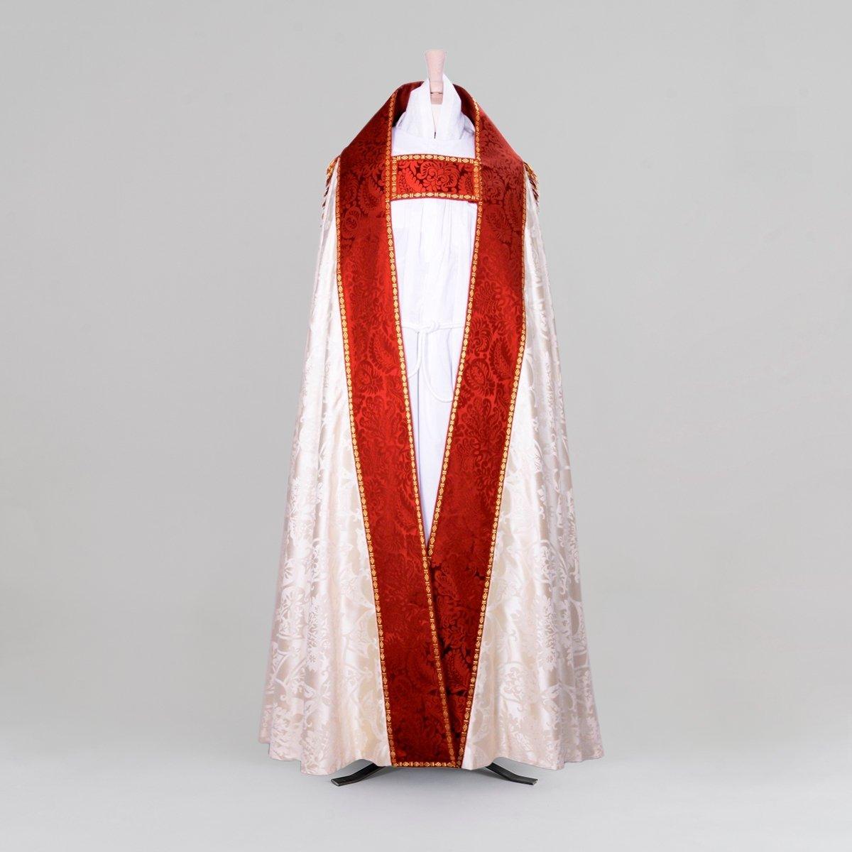 Embroidered Westminster Cope in Cream Gothic with Sarum Red Holbein Orphreys - Watts & Co.