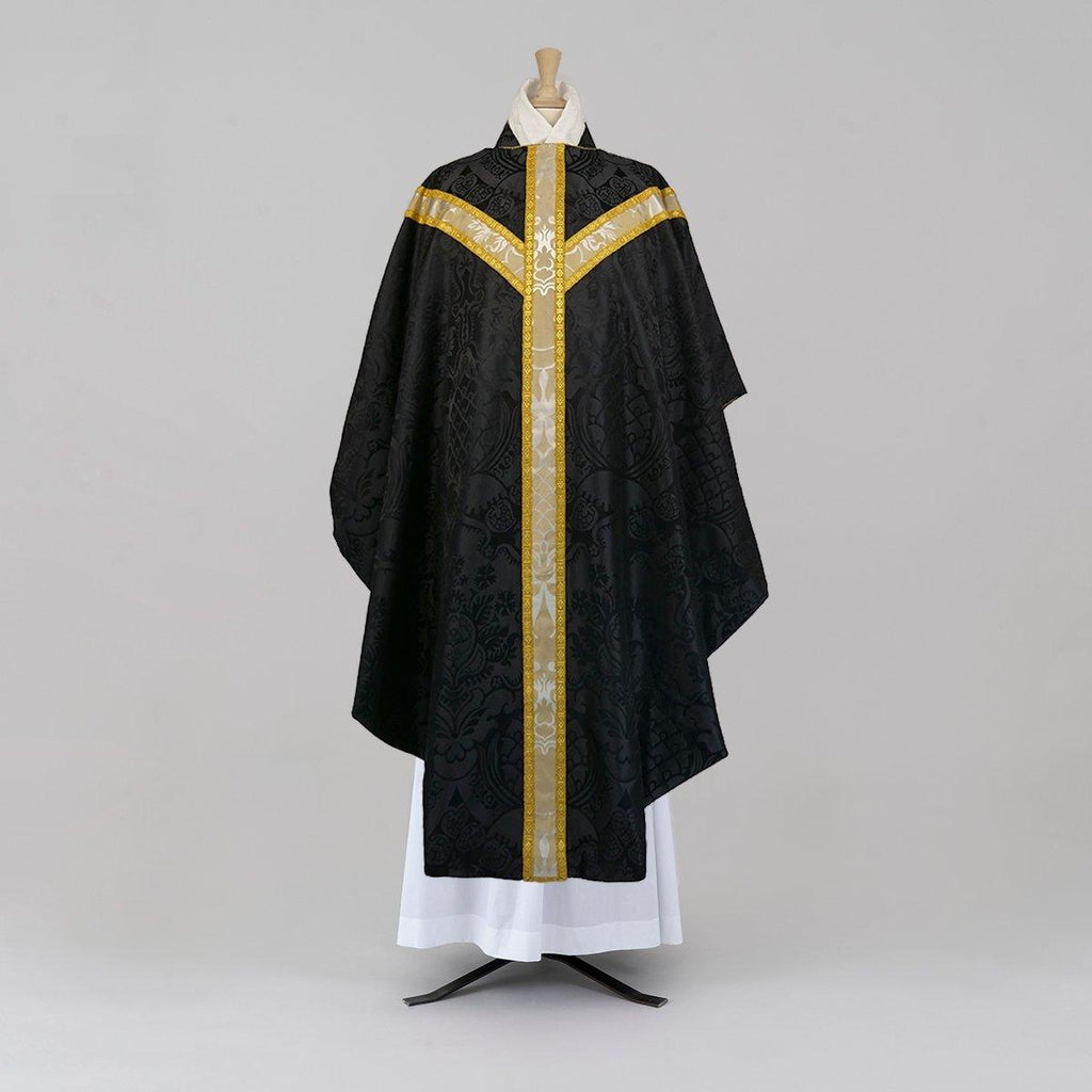 Full Gothic Chasuble in Black 'Comper Cathedral' with Sarum Orphreys of Oyster & Old Gold 'Bellini' - Watts & Co.