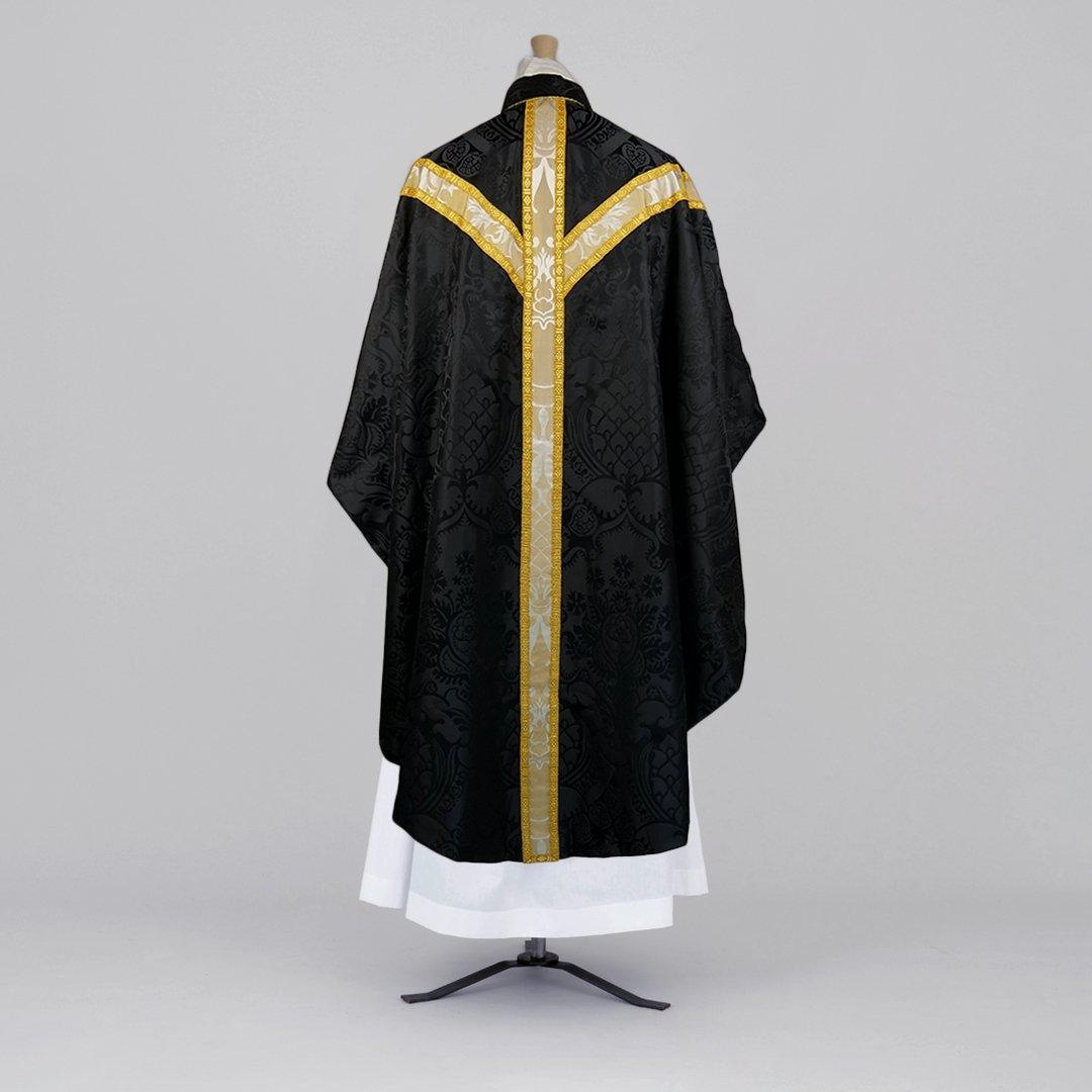 Full Gothic Chasuble in Black 'Comper Cathedral' with Sarum Orphreys of Oyster & Old Gold 'Bellini' - Watts & Co.