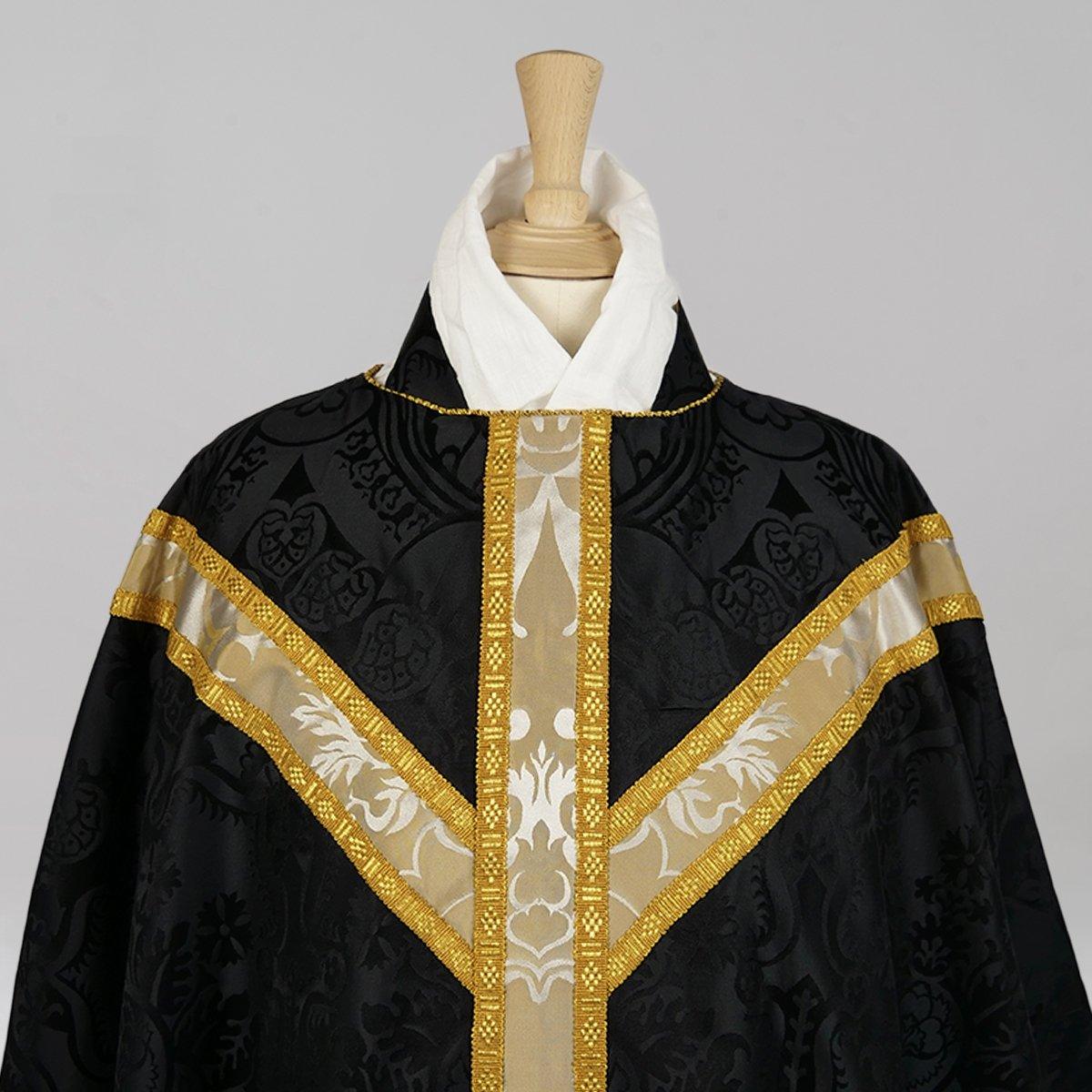 Full Gothic Chasuble in Black 'Comper Cathedral' with Sarum Orphreys of Oyster & Old Gold 'Bellini' - Watts & Co.