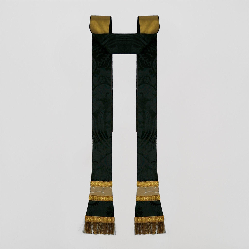 Full Gothic Chasuble in Black 'Comper Cathedral' with Sarum Orphreys of Oyster & Old Gold 'Bellini' - Watts & Co.