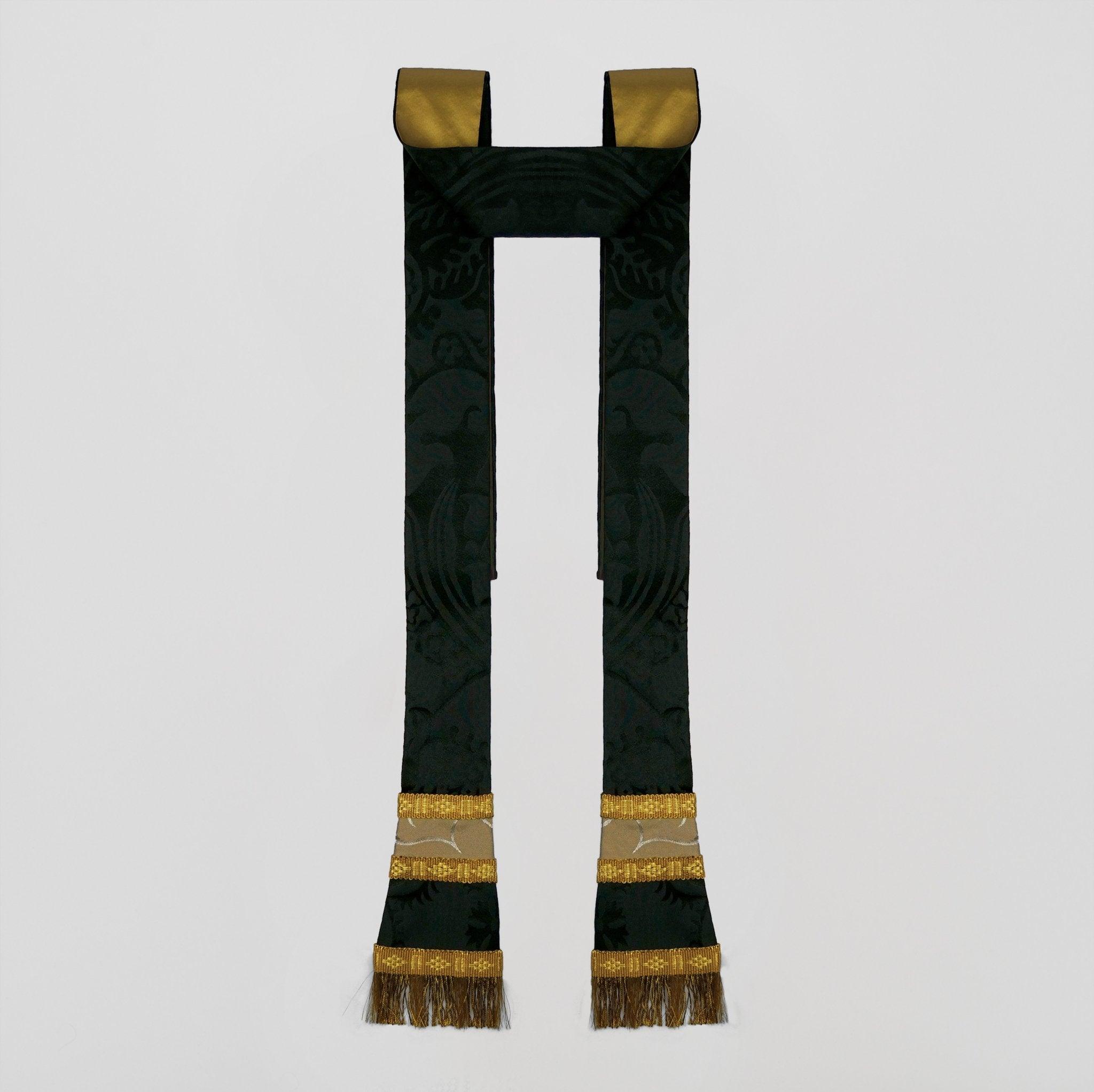 Full Gothic Chasuble in Black 'Comper Cathedral' with Sarum Orphreys of Oyster & Old Gold 'Bellini' - Watts & Co.