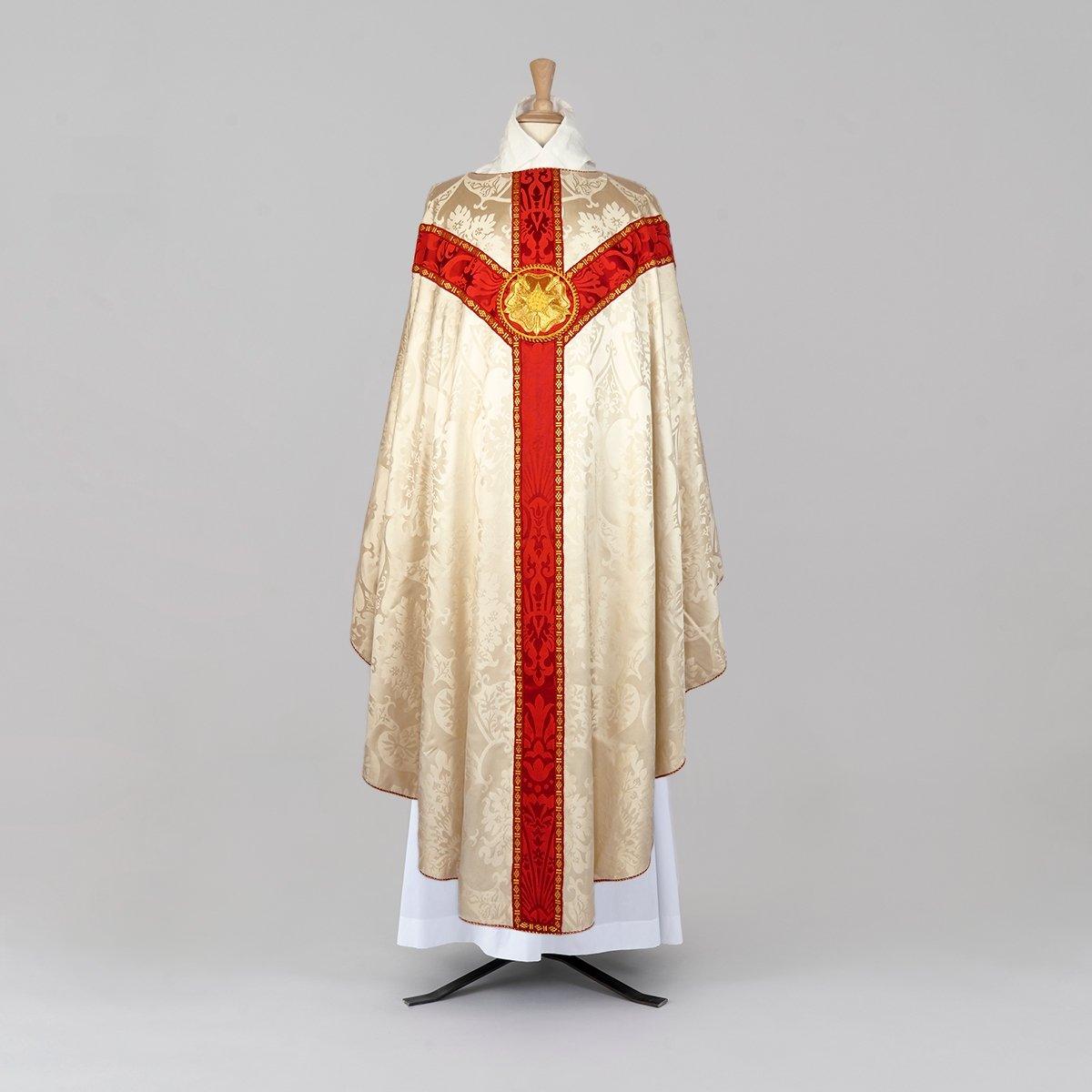 Full Gothic Chasuble in Cream 'Gothic' with Red 'St Nicolas' Orphreys - Watts & Co.