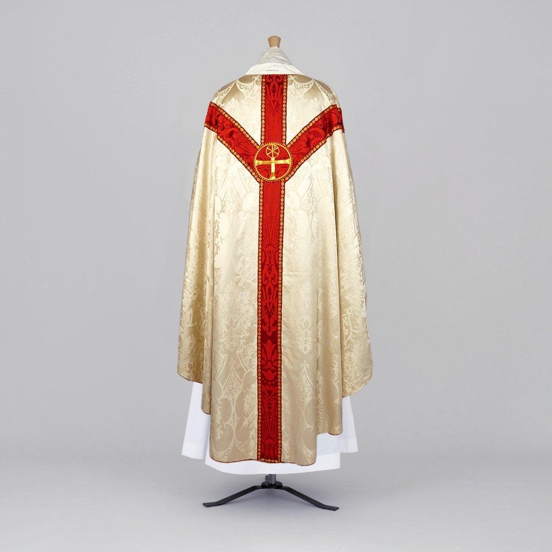 Full Gothic Chasuble in Cream 'Gothic' with Red 'St Nicolas' Orphreys - Watts & Co.