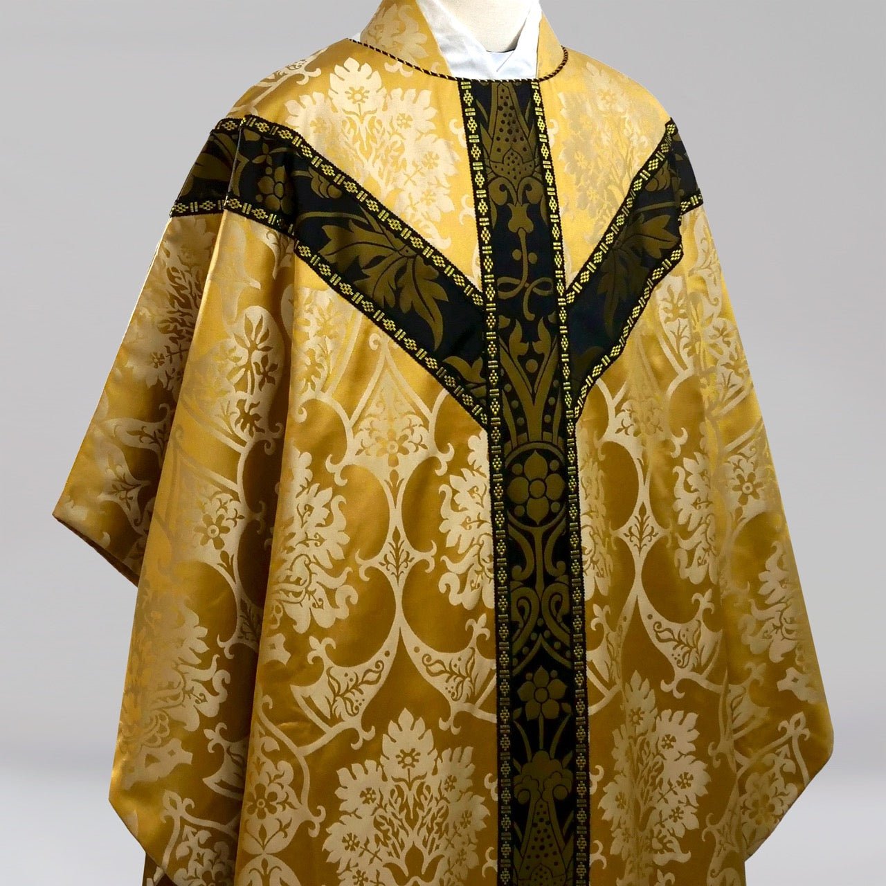 Full Gothic Chasuble in Gold/Cream 'Gothic' with Black/Gold 'Shrewsbury' Orphreys - Watts & Co.