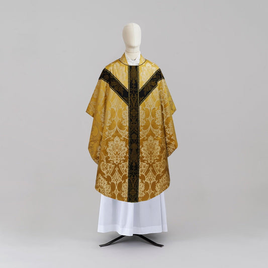Full Gothic Chasuble in Gold/Cream 'Gothic' with Black/Gold 'Shrewsbury' Orphreys - Watts & Co.