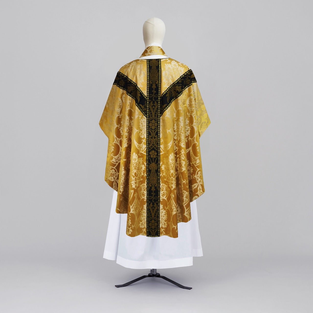 Full Gothic Chasuble in Gold/Cream 'Gothic' with Black/Gold 'Shrewsbury' Orphreys - Watts & Co.