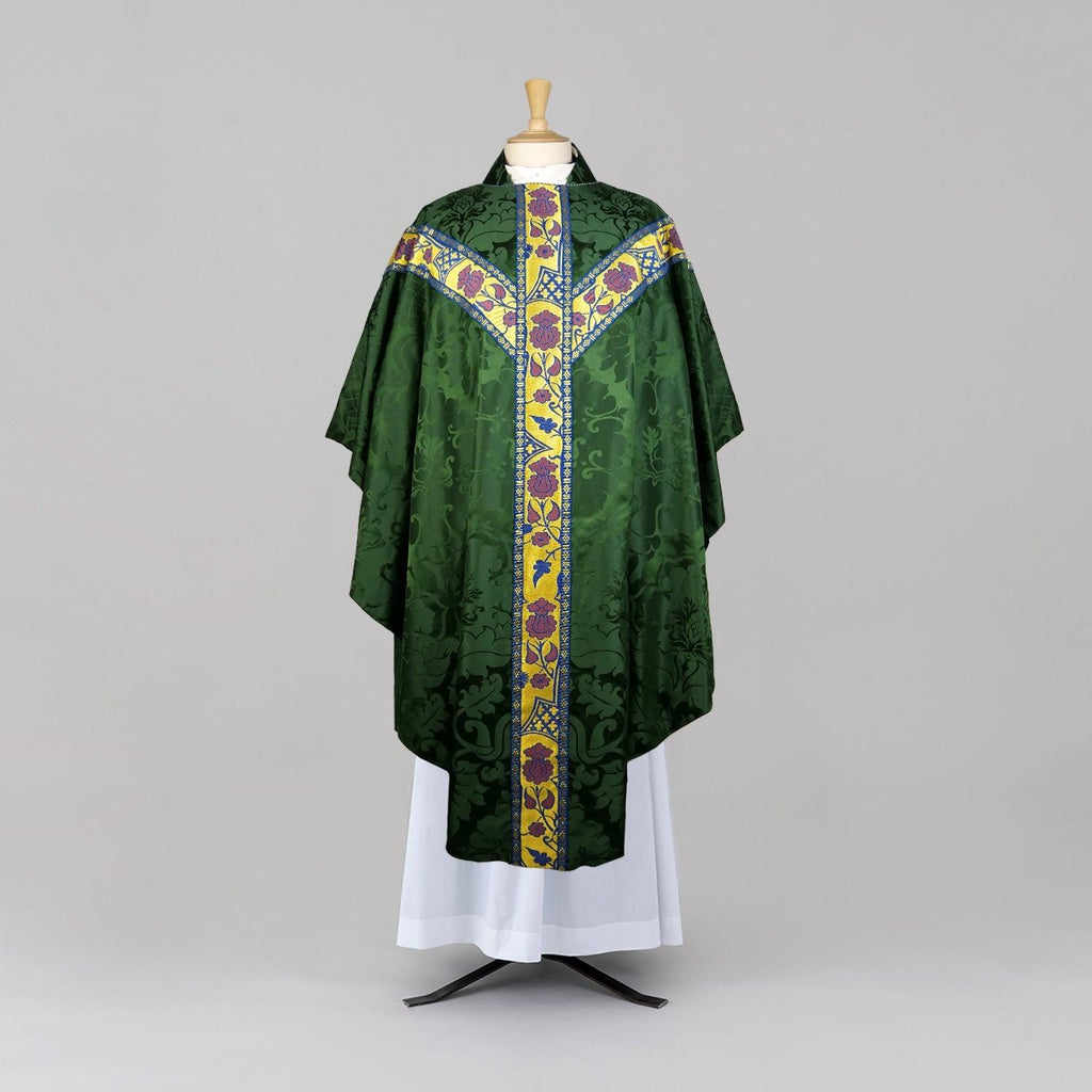 Full Gothic Chasuble in Green 'Bellini' with Gold/Blue/Purple 'Comper Strawberry' Orphreys - Watts & Co.