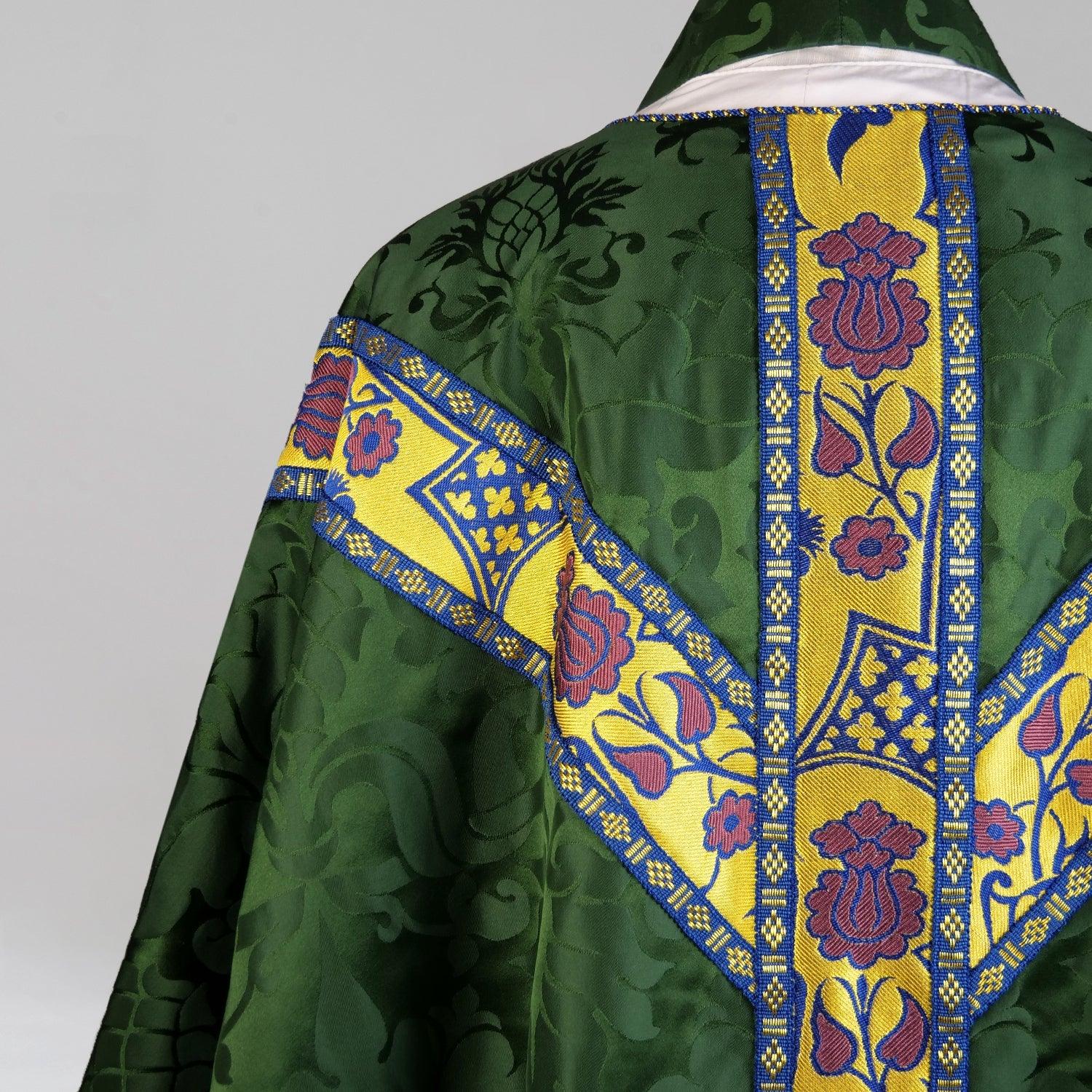 Full Gothic Chasuble in Green 'Bellini' with Gold/Blue/Purple 'Comper Strawberry' Orphreys - Watts & Co.