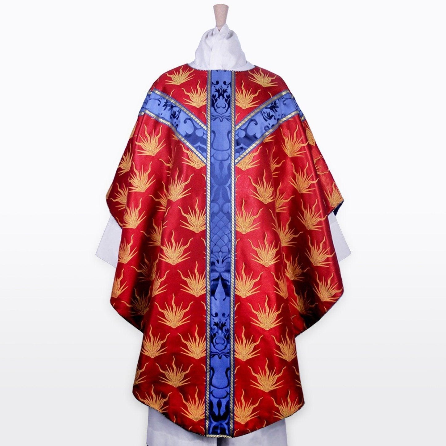 Full Gothic Chasuble in Red Pentecost Brocade with Blue Orphrey - Watts & Co. (international)