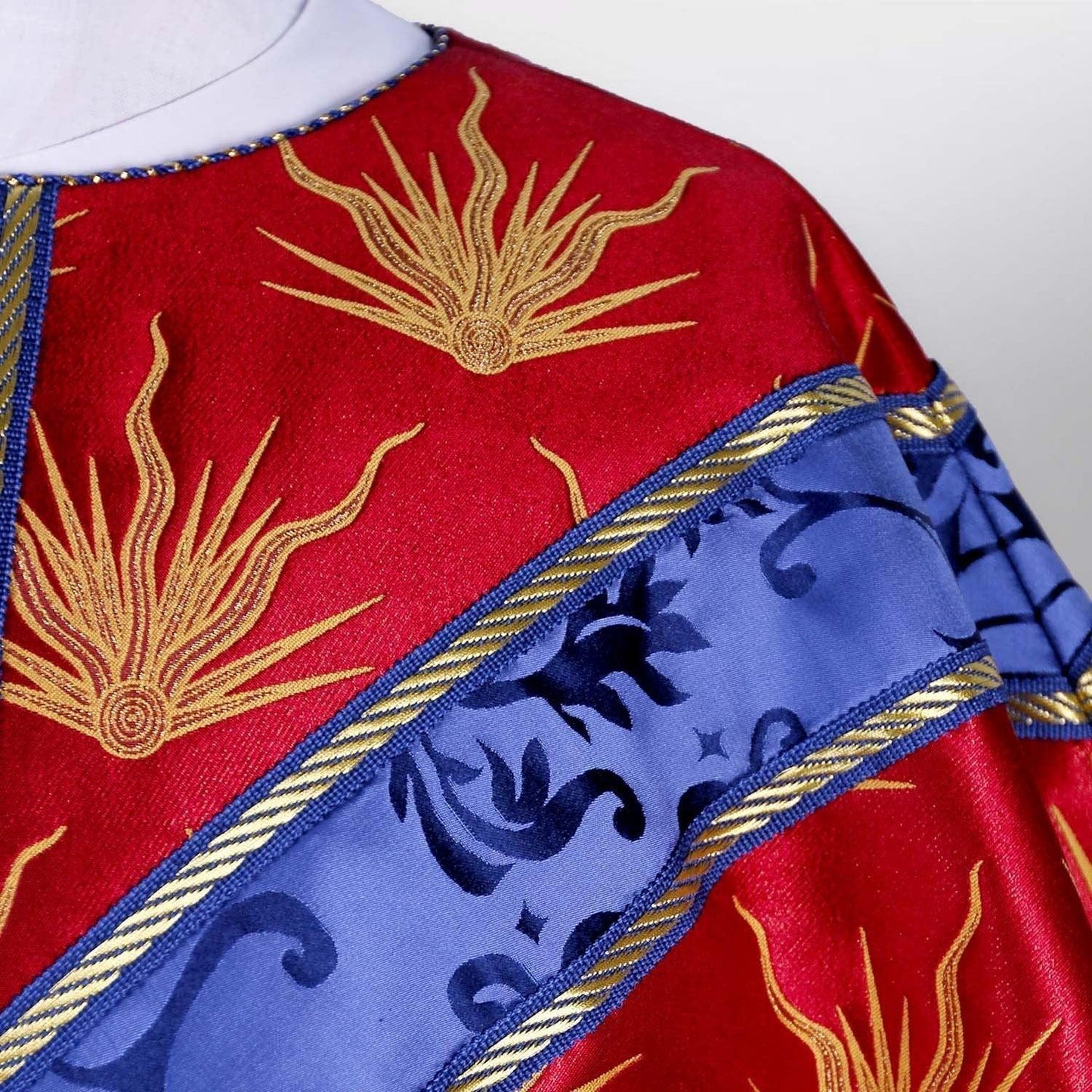 Full Gothic Chasuble in Red Pentecost Brocade with Blue Orphrey - Watts & Co. (international)