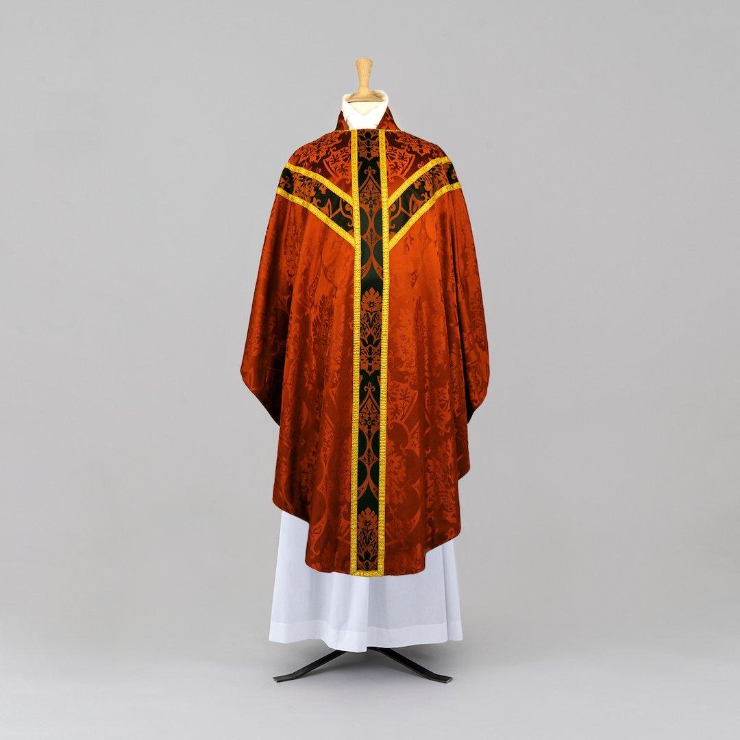 Full Gothic Chasuble in Sarum Red 'Gothic' with Black/Sarum Red 'Gothic' Orphreys - Watts & Co.