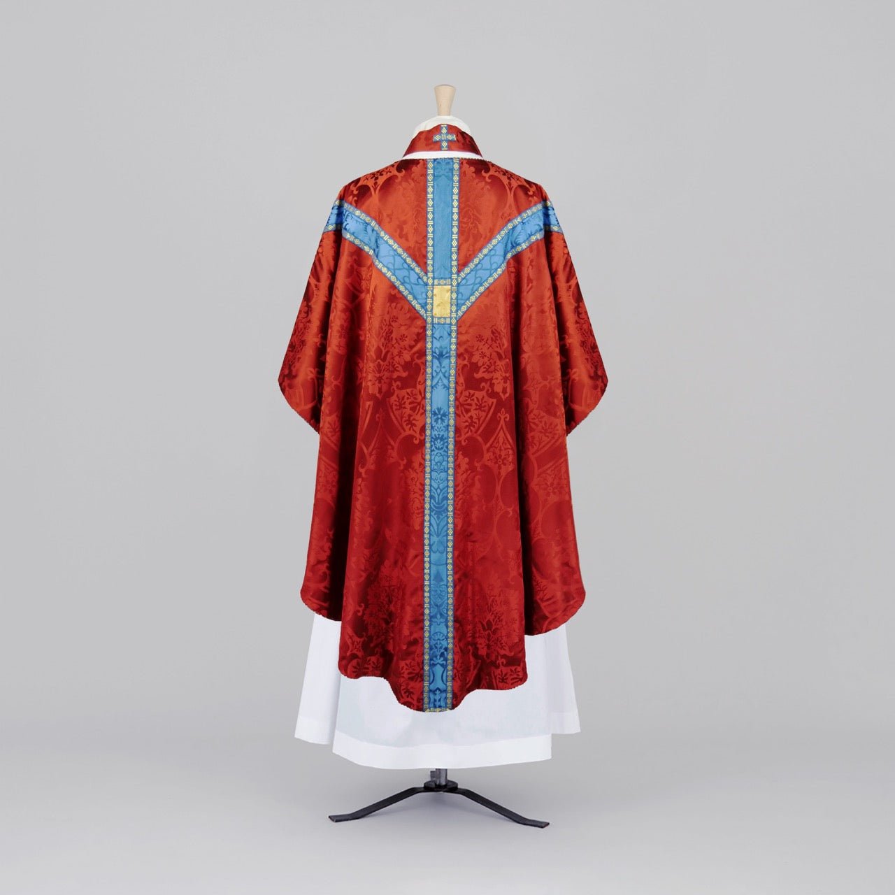 Full Gothic Chasuble in Sarum Red 'Gothic' with Blue 'Comper Cathedral' Orphreys - Watts & Co.