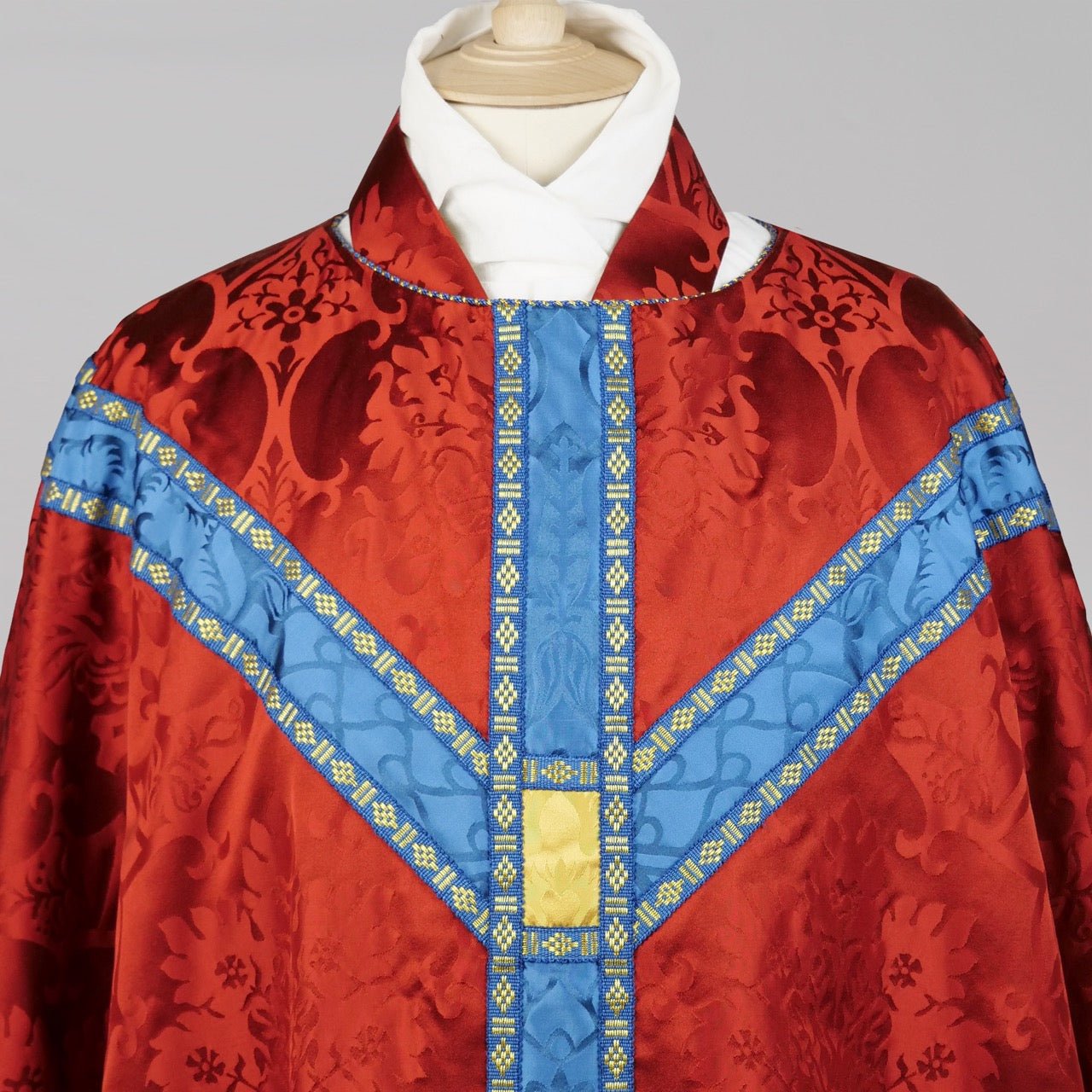 Full Gothic Chasuble in Sarum Red 'Gothic' with Blue 'Comper Cathedral' Orphreys - Watts & Co.