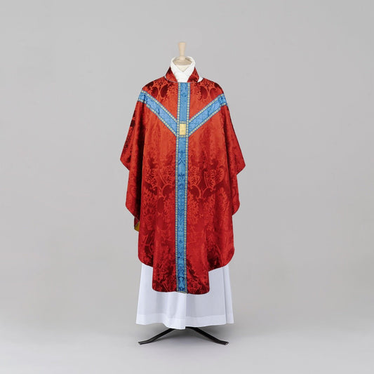 Full Gothic Chasuble in Sarum Red 'Gothic' with Blue 'Comper Cathedral' Orphreys - Watts & Co.