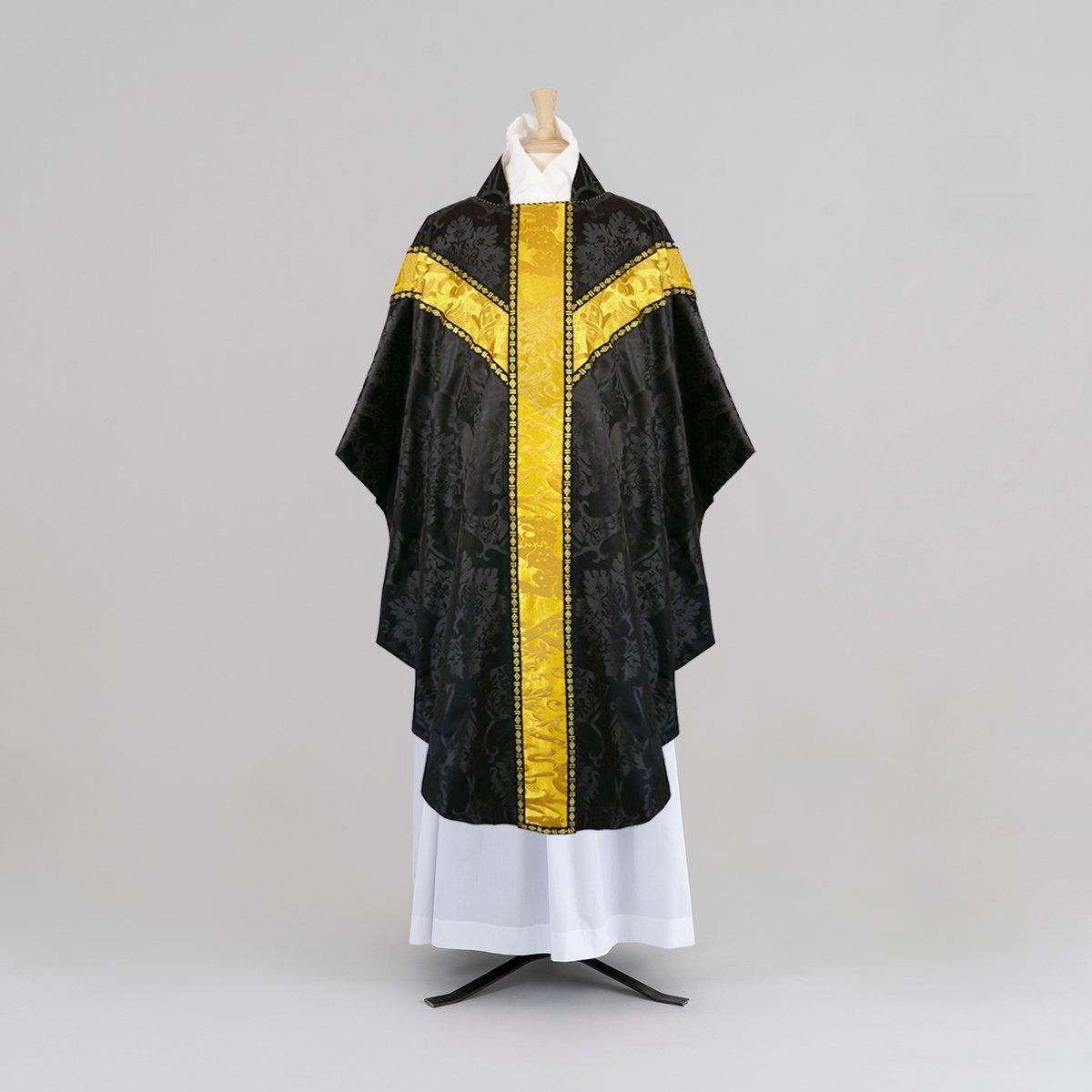 Full Gothic Chasuble & Stole in Black 'Gothic' with Venetian Gold 'Canneregio' Orphreys - Watts & Co.