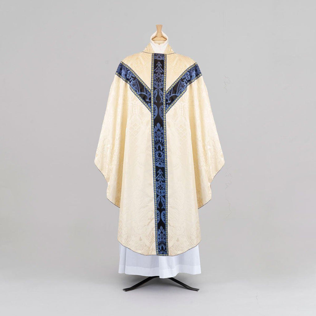 Full Gothic Chasuble & Stole in Cream 'Comper Cathedral' with Black/Blue 'Gothic' Orphreys - Watts & Co.