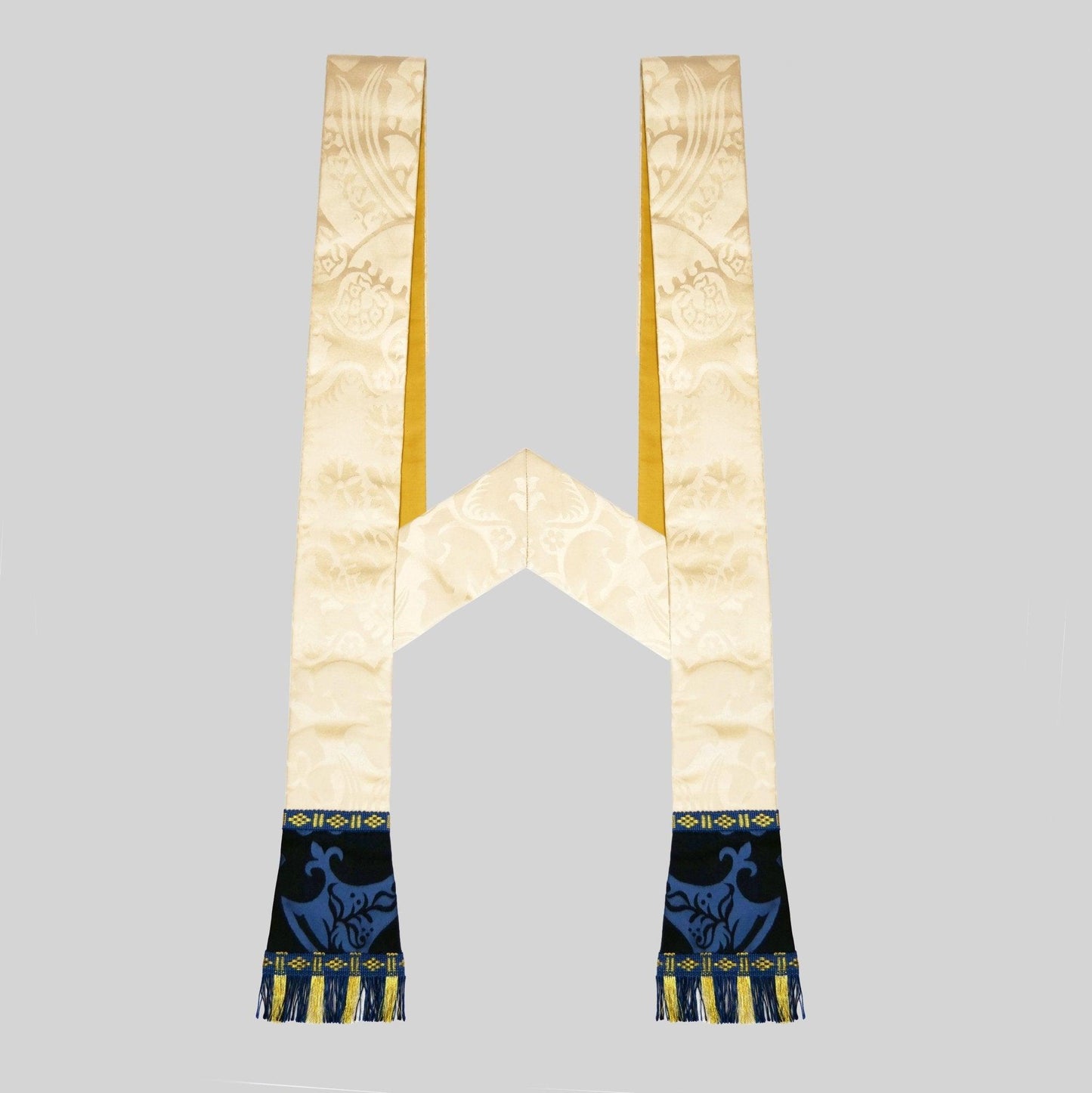 Full Gothic Chasuble & Stole in Cream 'Comper Cathedral' with Black/Blue 'Gothic' Orphreys - Watts & Co.