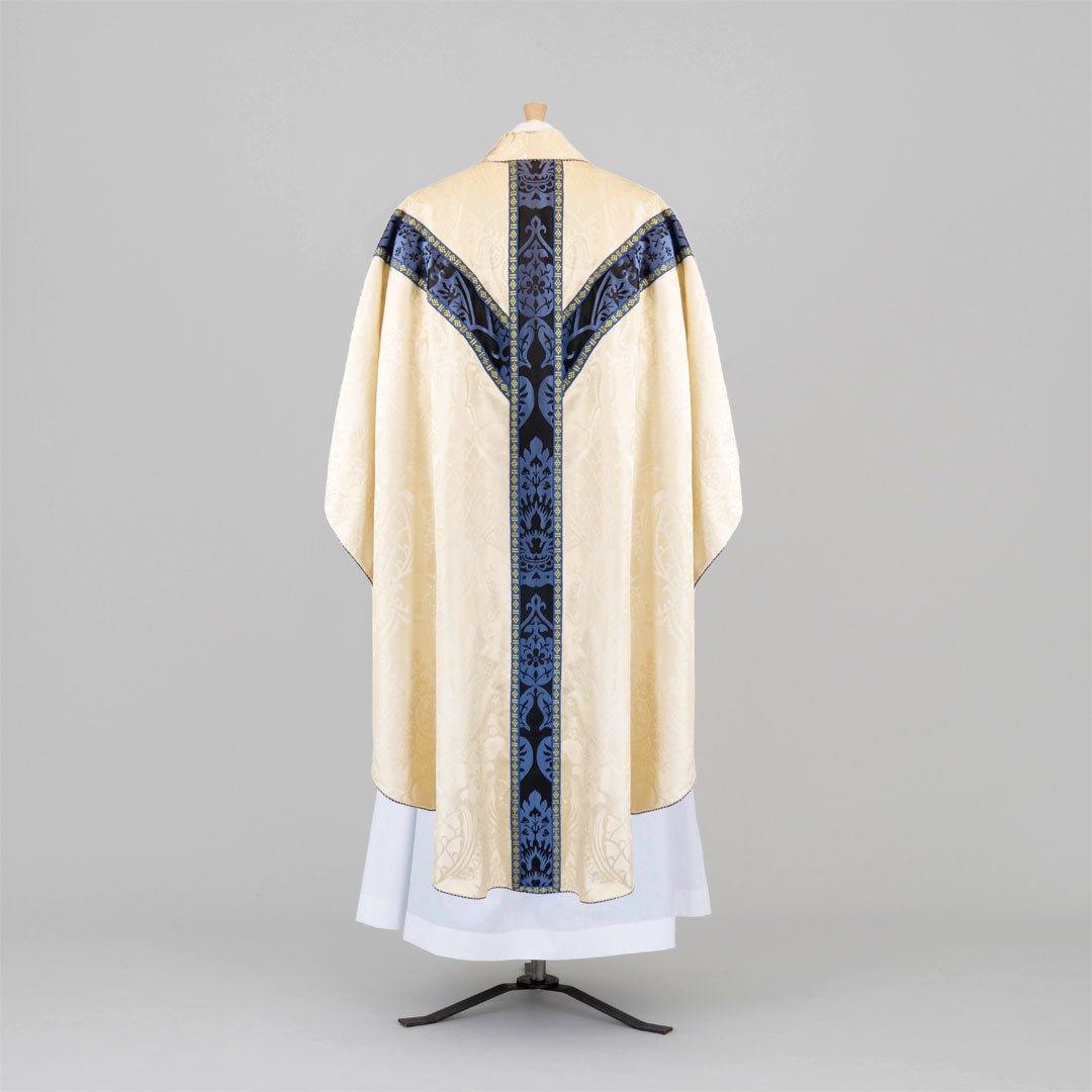 Full Gothic Chasuble & Stole in Cream 'Comper Cathedral' with Black/Blue 'Gothic' Orphreys - Watts & Co.