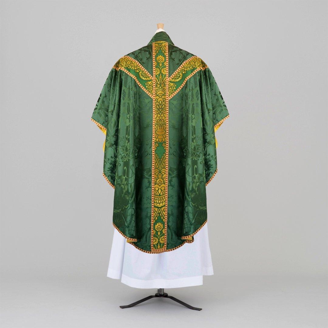 Full Gothic Chasuble & Stole in Green 'Bellini' Silk with Green/Gold 'Memlinc' Orphreys - Watts & Co.