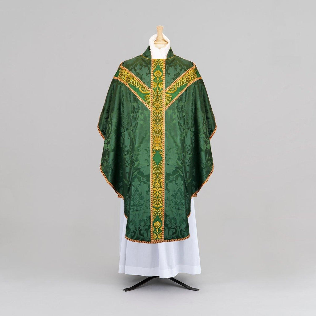 Full Gothic Chasuble & Stole in Green 'Bellini' Silk with Green/Gold 'Memlinc' Orphreys - Watts & Co.