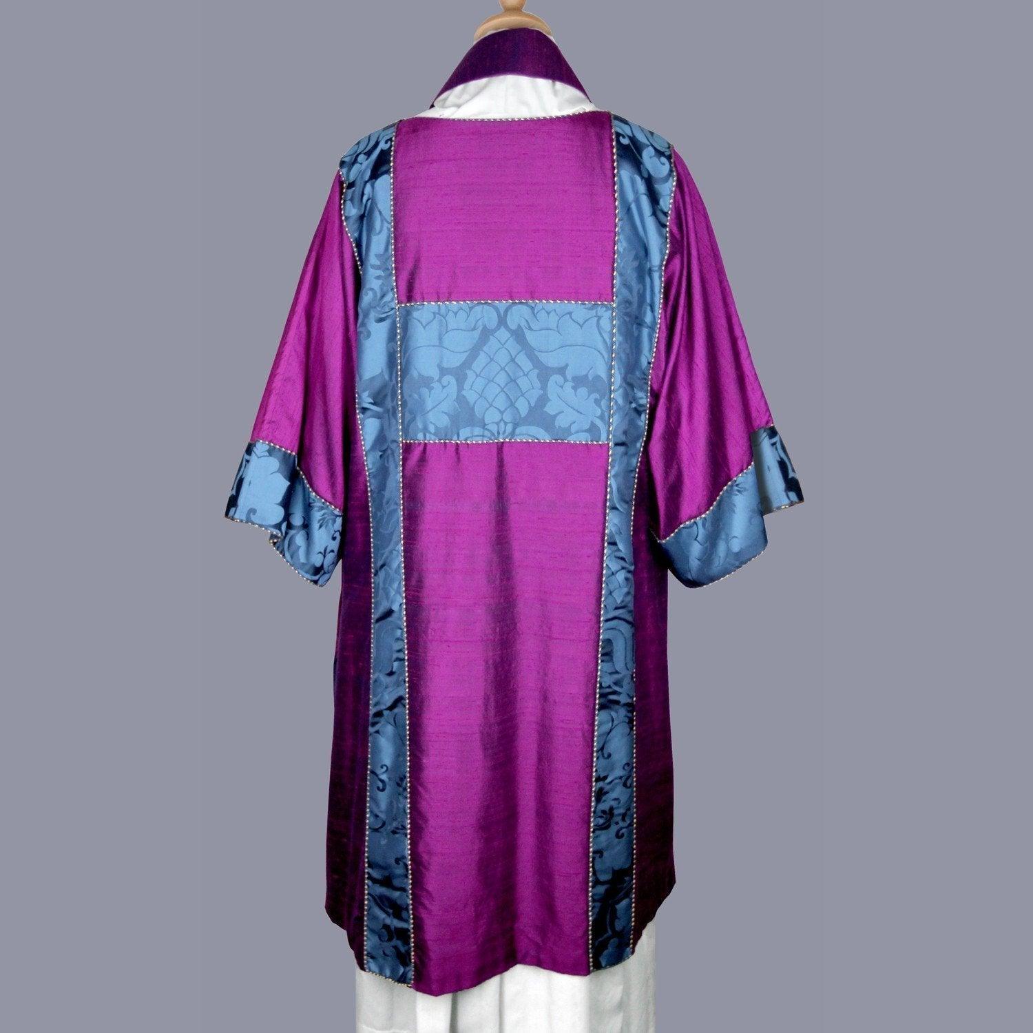 Full Gothic Dalmatic in Purple/Red dupion silk, with Blue 'Bellini' orphreys - Watts & Co.