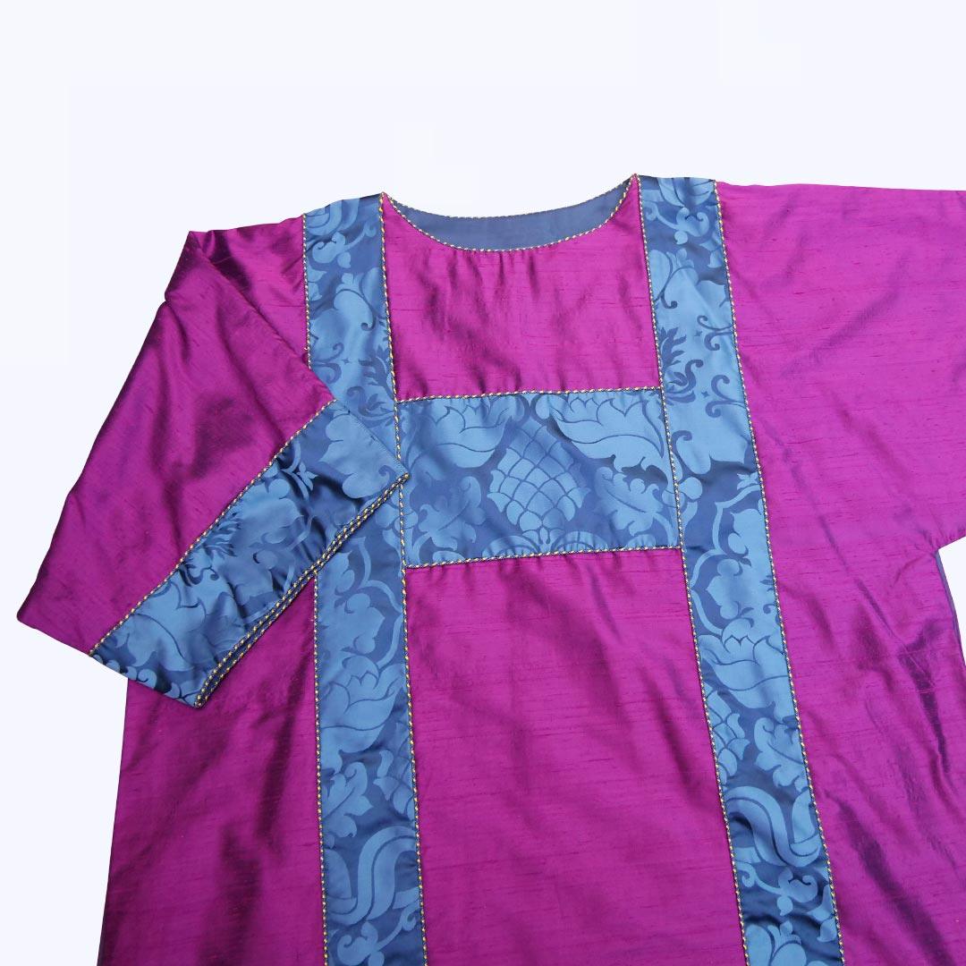 Full Gothic Dalmatic in Purple/Red dupion silk, with Blue 'Bellini' orphreys - Watts & Co.