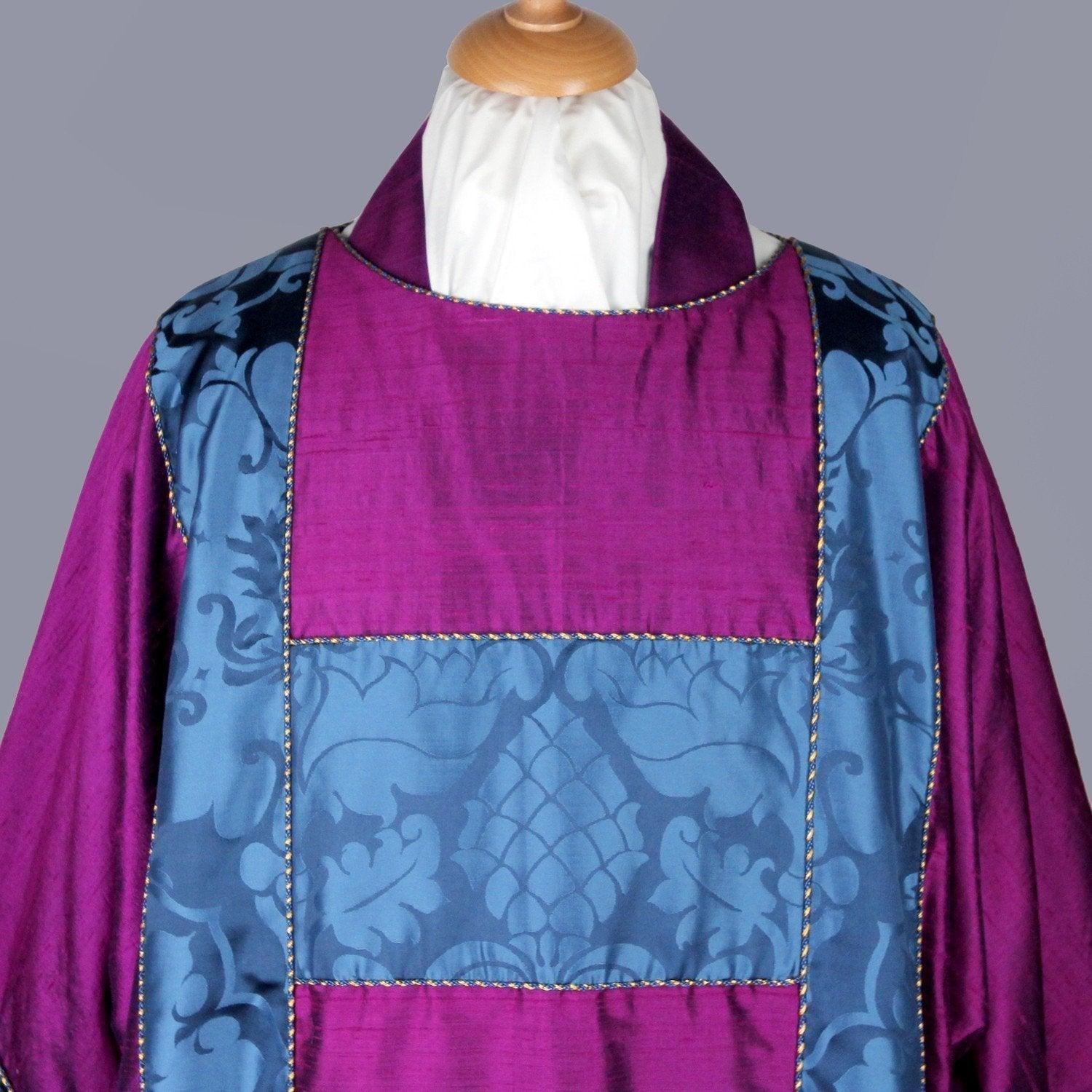 Full Gothic Dalmatic in Purple/Red dupion silk, with Blue 'Bellini' orphreys - Watts & Co.
