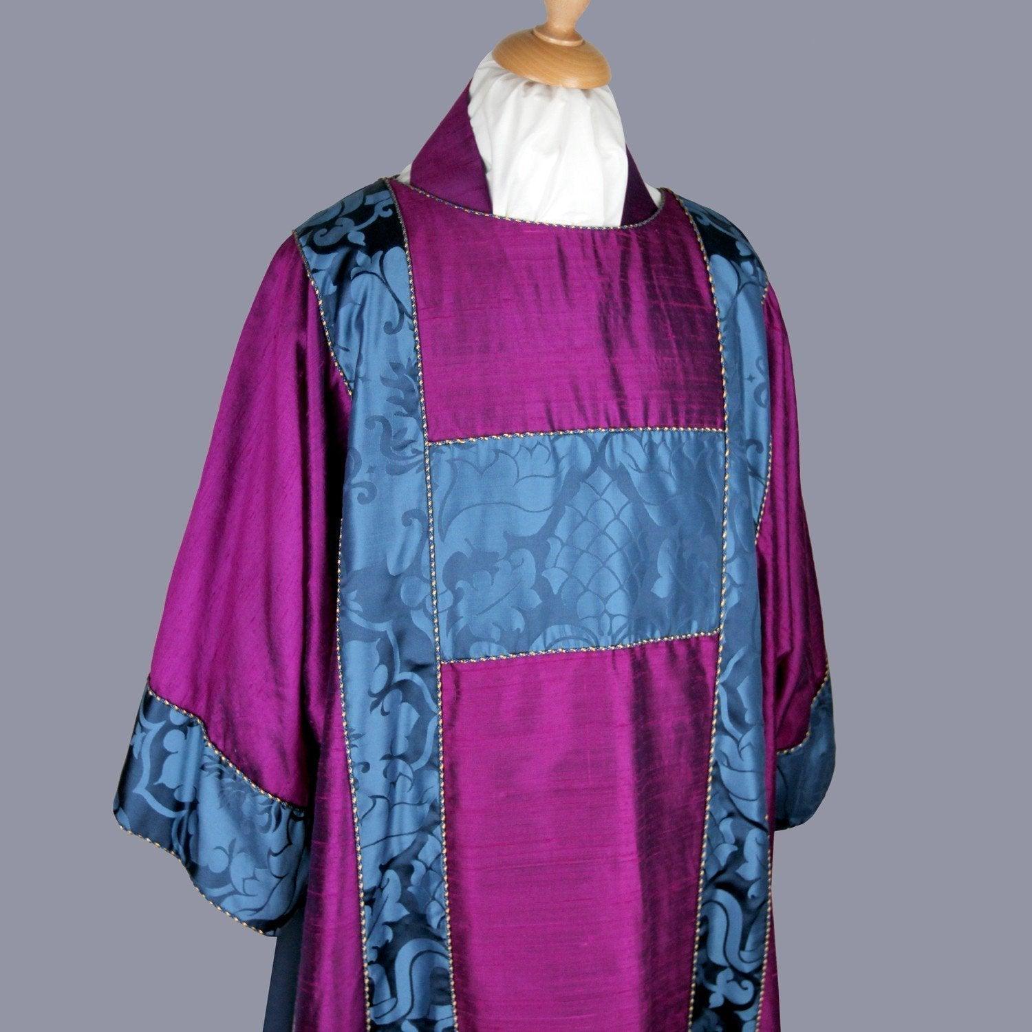 Full Gothic Dalmatic in Purple/Red dupion silk, with Blue 'Bellini' orphreys - Watts & Co.