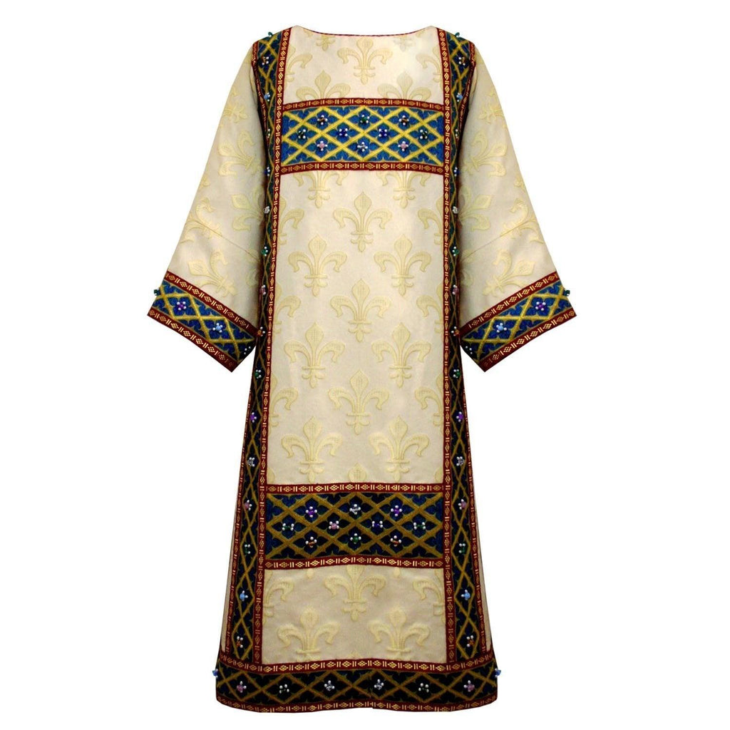 Full Gothic Dalmatic in White/Gold Fleur de Lys with Blue/Gold Trellis Orphreys - Watts & Co. (international)