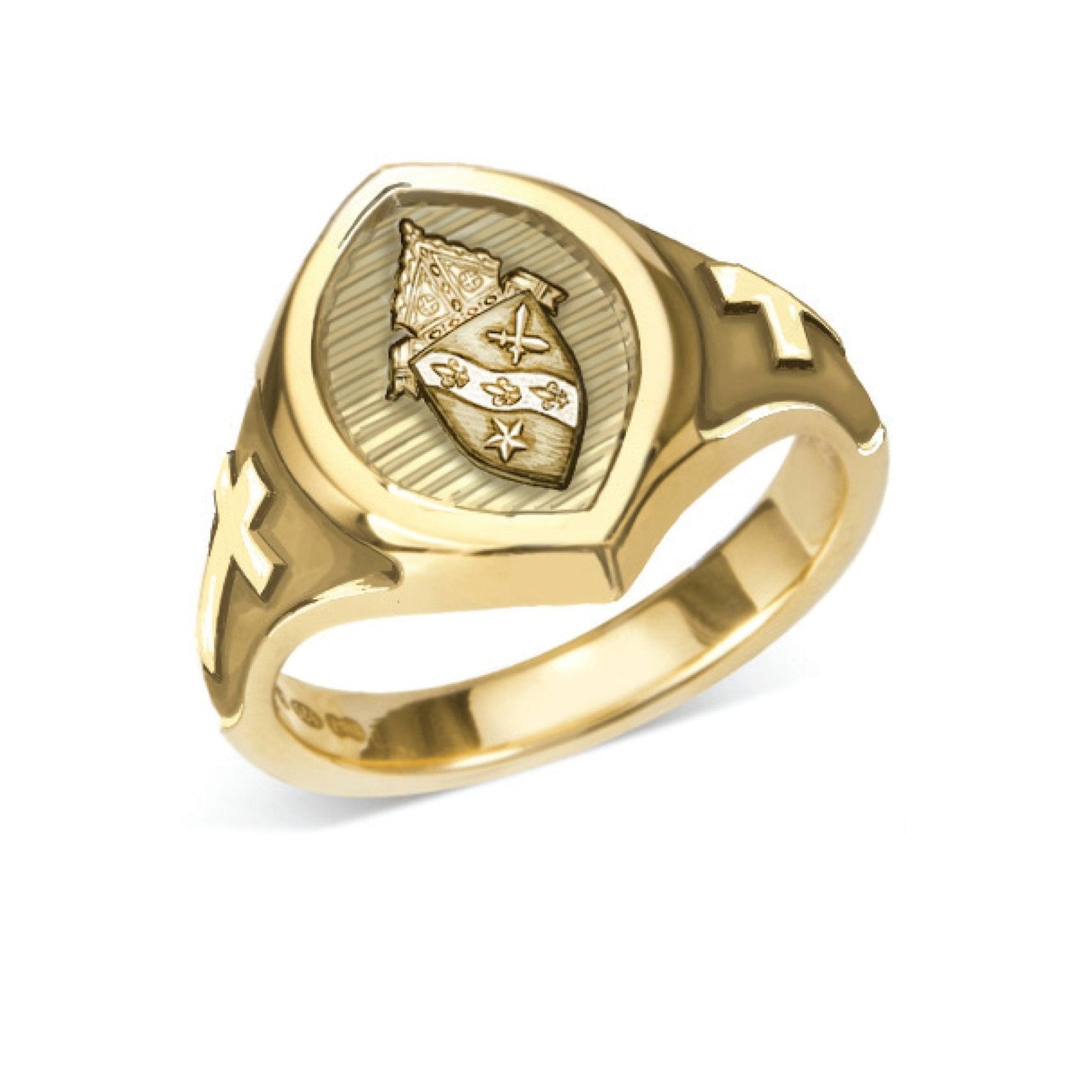 Gold Custom Engraved Bishop Ring with Crosses - Watts & Co.
