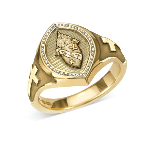 Gold Custom Engraved Bishop Ring with Crosses and Diamond Border - Watts & Co.