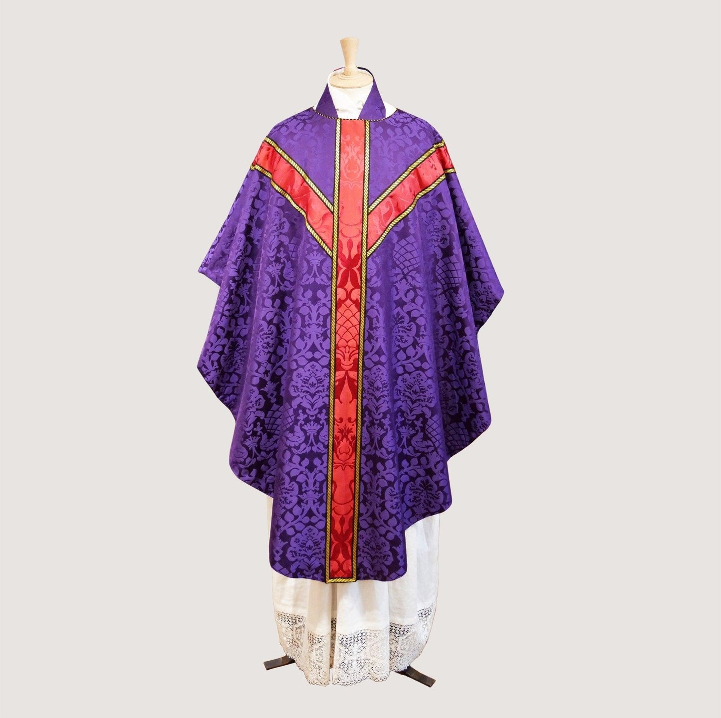 Gothic Chasuble in Purple 'Davenport' with Comper Rose 'Bellini' Silk Orphreys - Watts & Co.