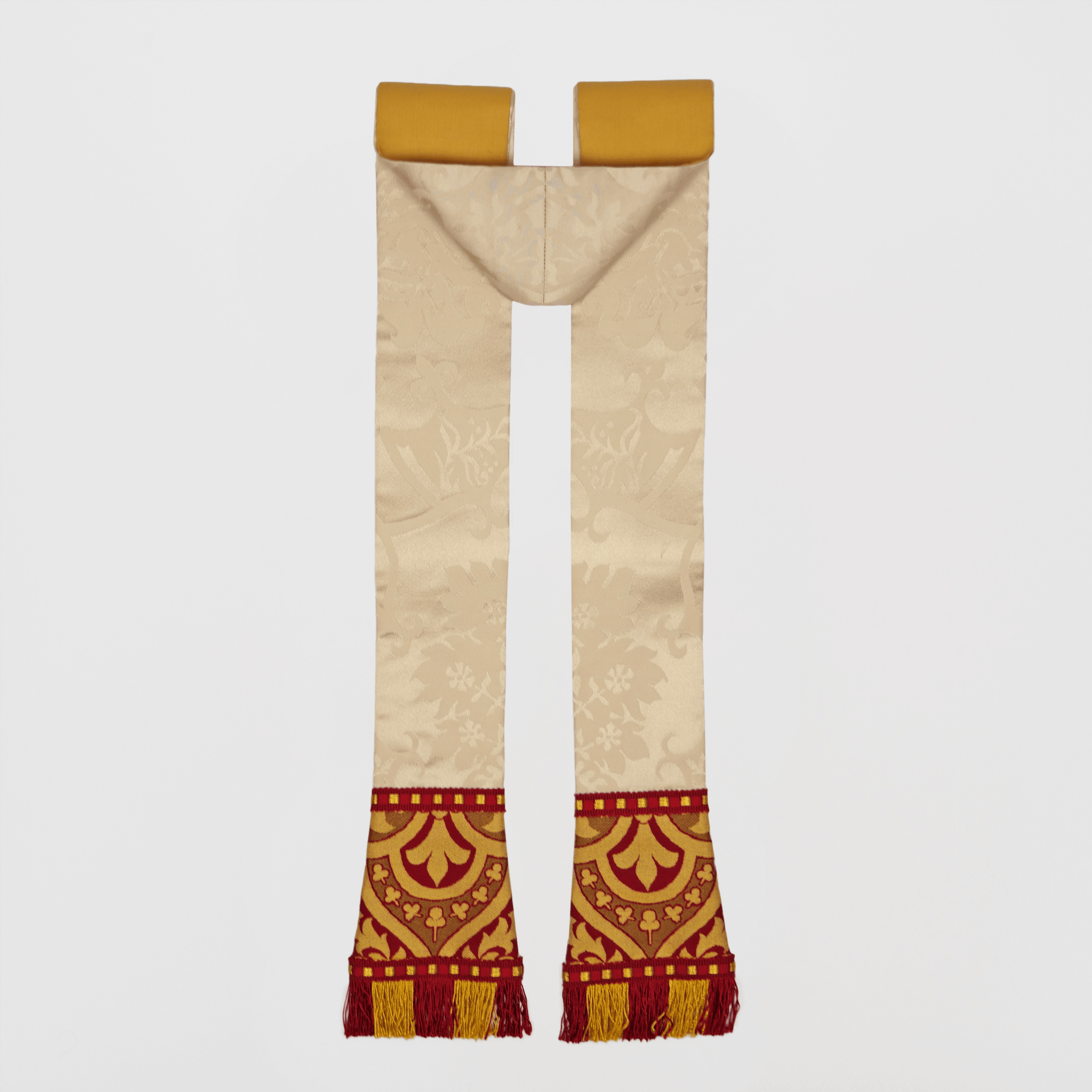 Gothic Dalmatic in Cream 'Gothic' with Red 'Talbot' Ladder Orphreys and Cuffs - Watts & Co.