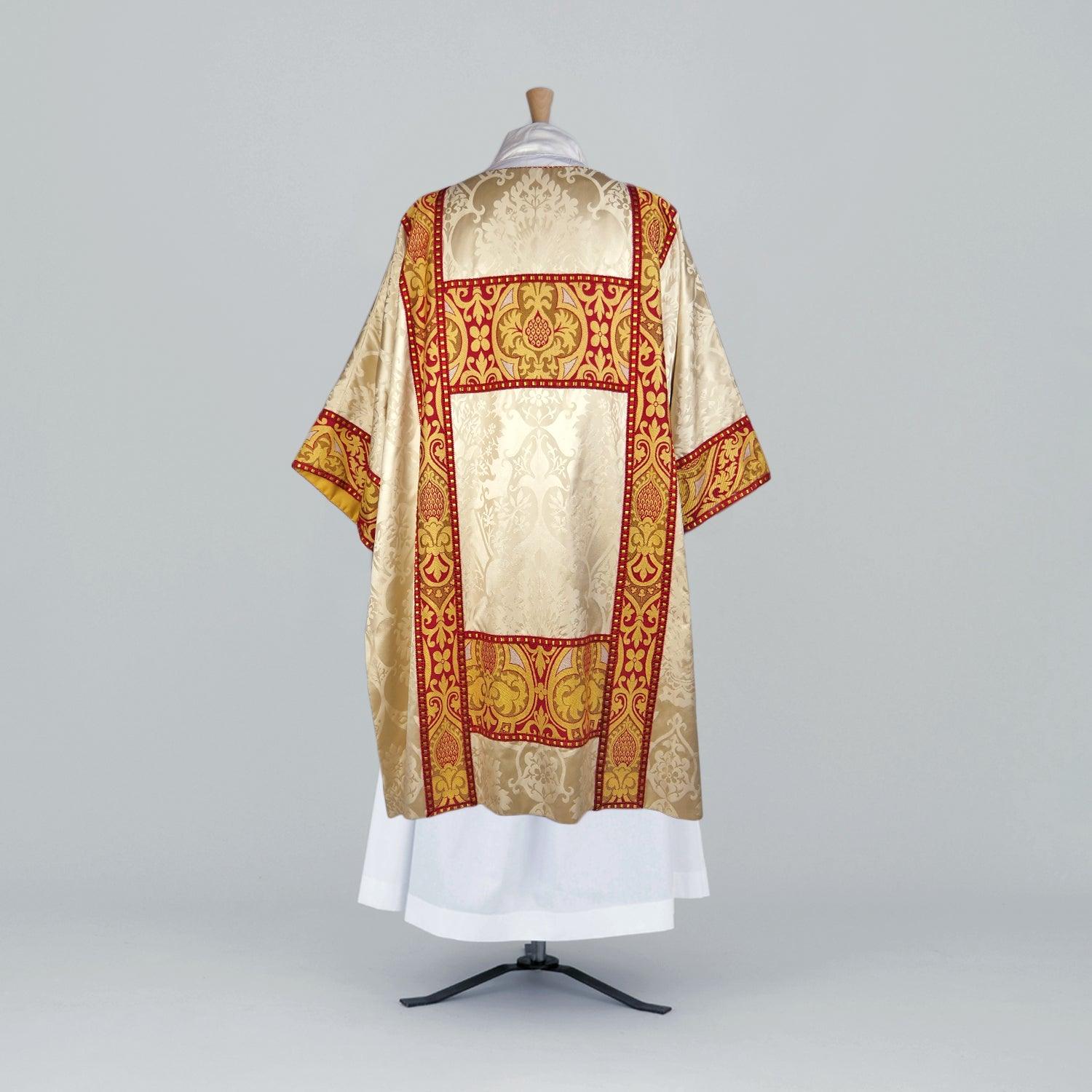 Gothic Dalmatic in Cream 'Gothic' with Red 'Talbot' Ladder Orphreys and Cuffs - Watts & Co.