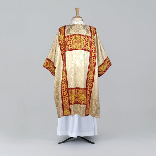 Gothic Dalmatic in Cream 'Gothic' with Red 'Talbot' Ladder Orphreys and Cuffs - Watts & Co.