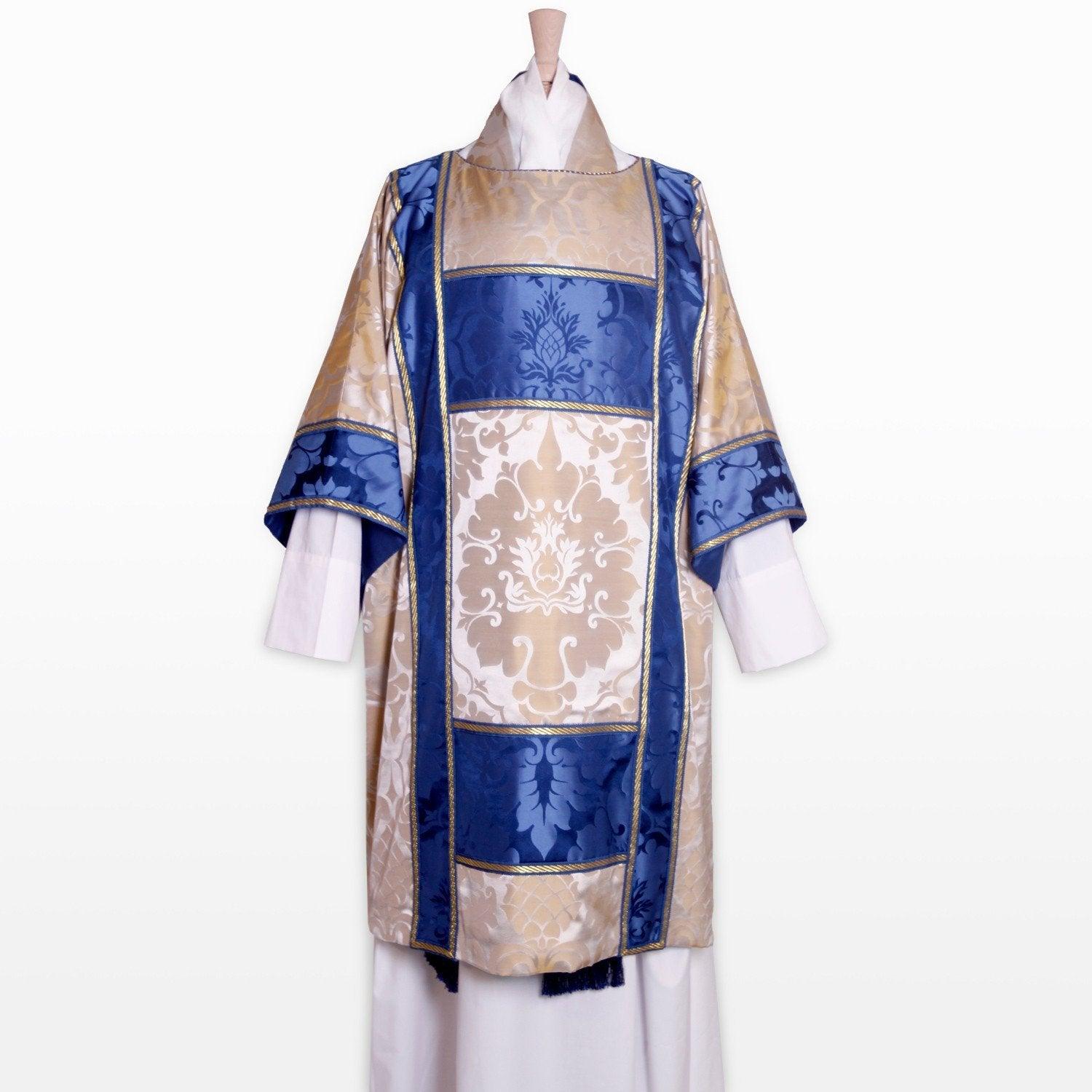 Gothic Dalmatic in Oyster Bellini with Blue Bellini Orphreys - Watts & Co. (international)