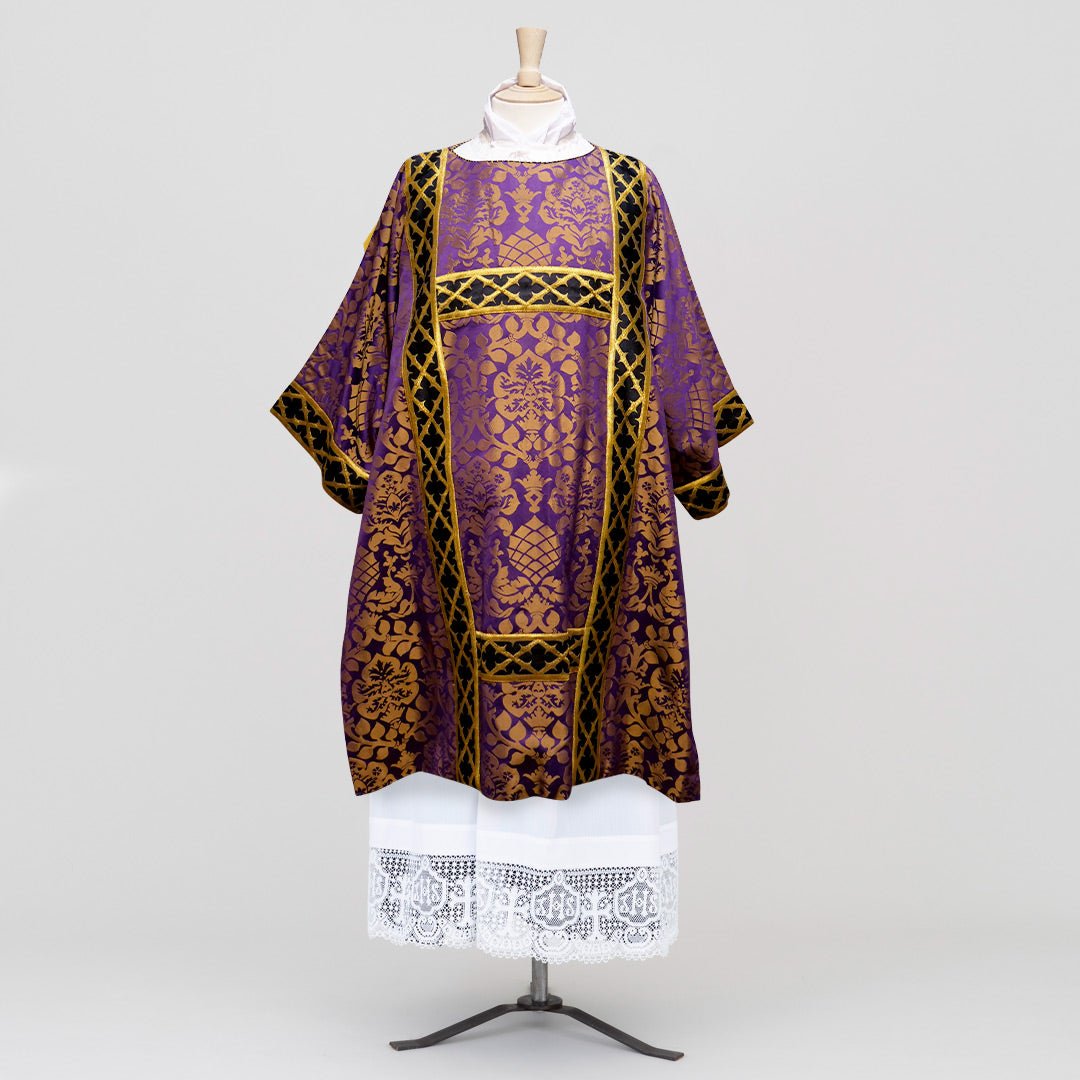 Gothic Dalmatic in Purple/Gold 'Davenport', with Black/Gold 'Gothic Trellis' orphreys - Watts & Co.