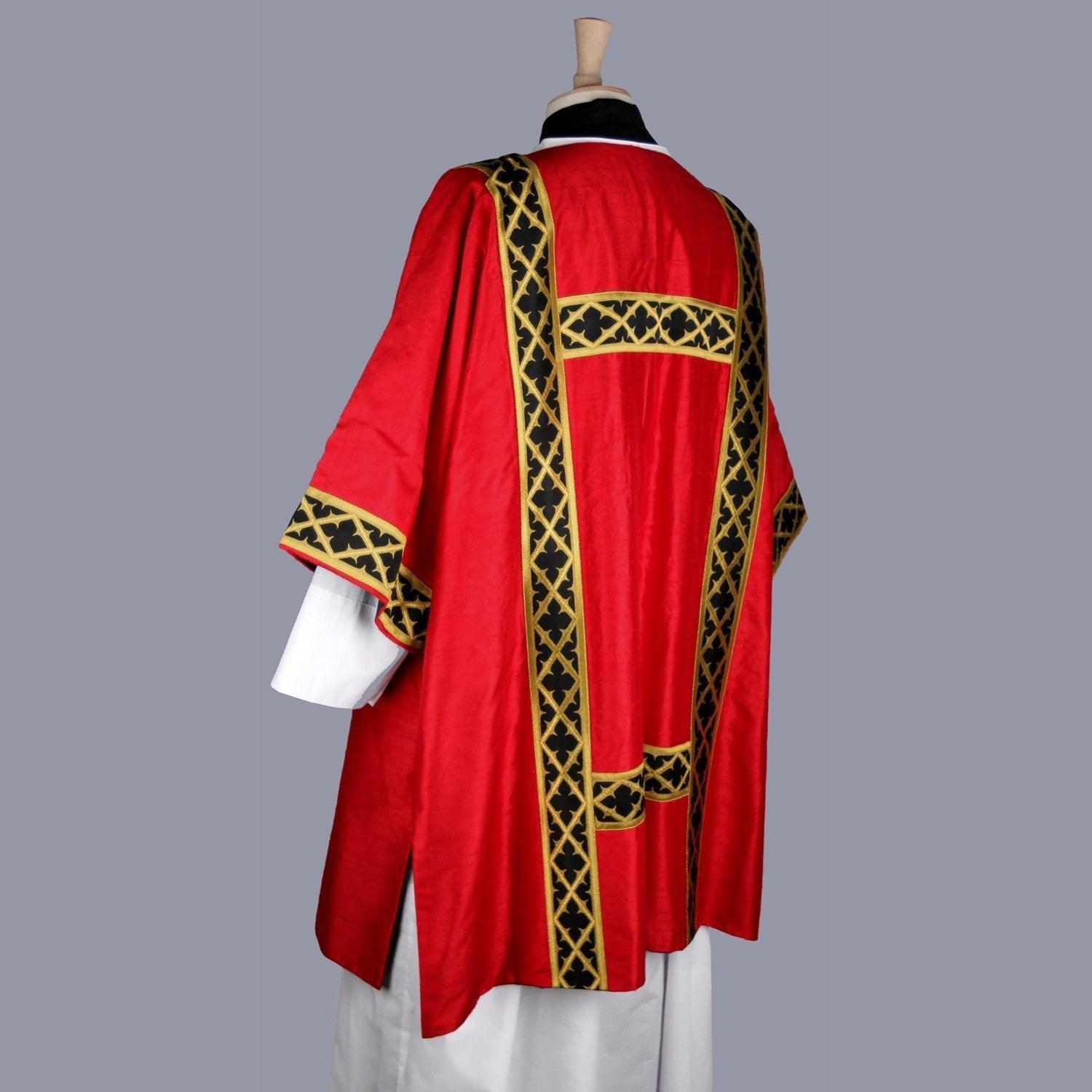 Gothic Dalmatic in Tartan Red Dupion Silk with Black/Gold Trellis Orphreys - Watts & Co. (international)