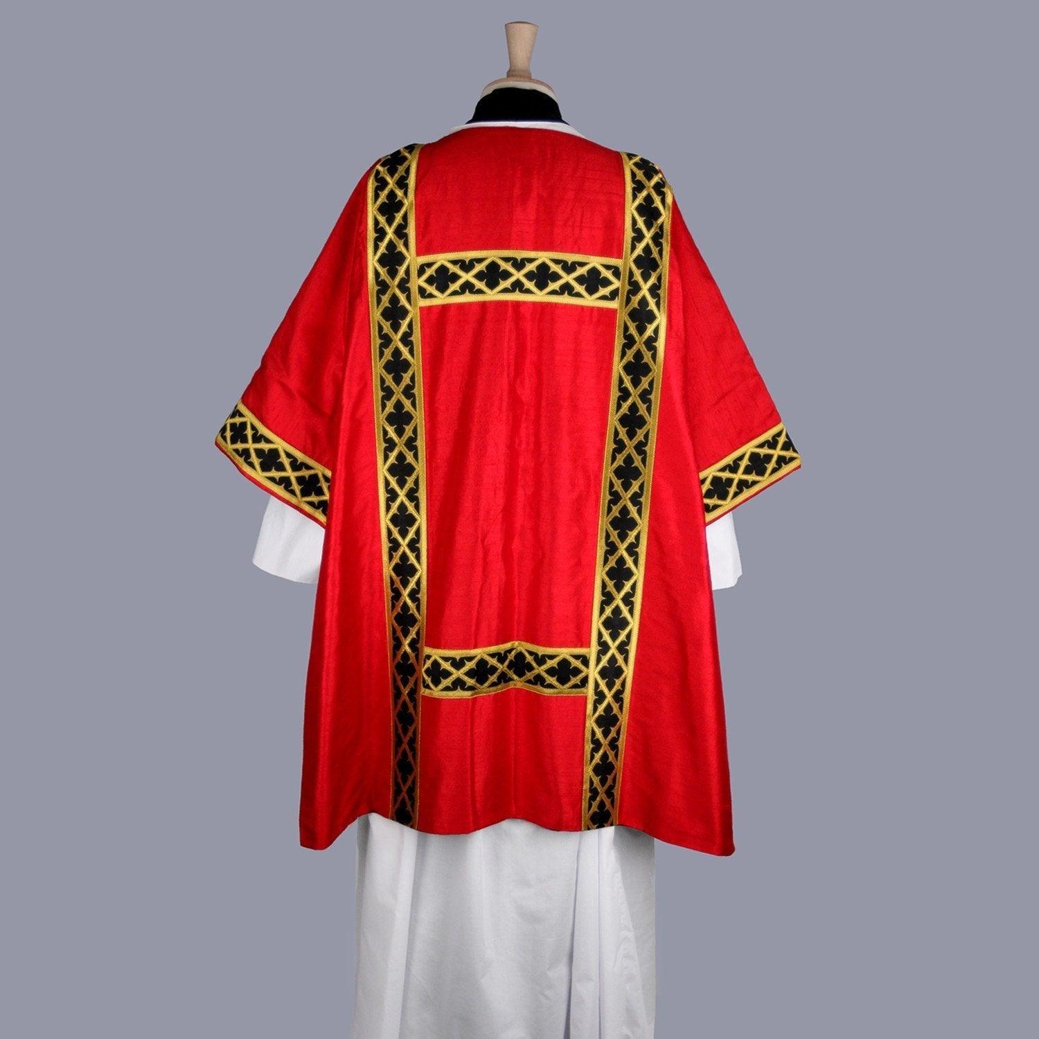 Gothic Dalmatic in Tartan Red Dupion Silk with Black/Gold Trellis Orphreys - Watts & Co. (international)