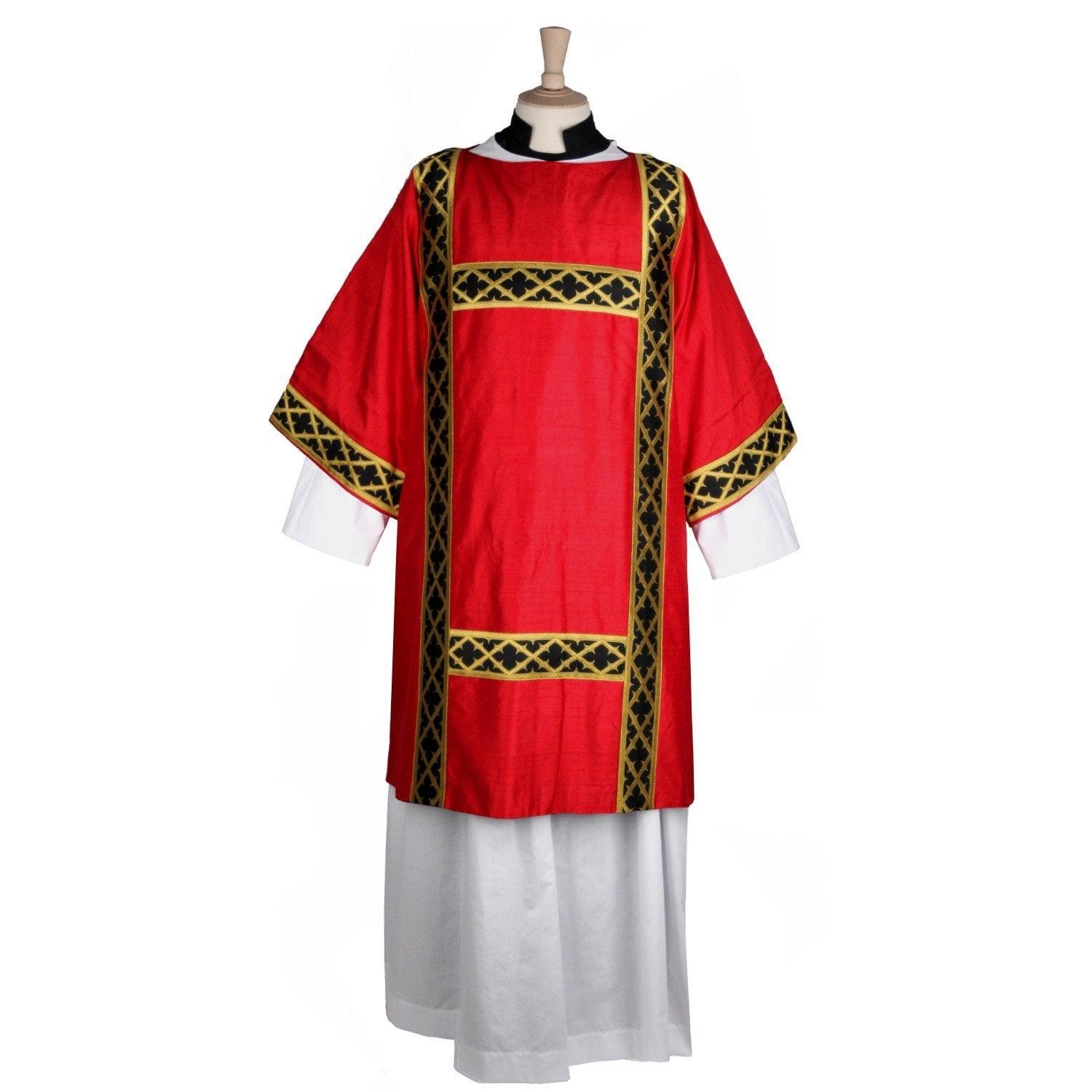 Gothic Dalmatic in Tartan Red Dupion Silk with Black/Gold Trellis Orphreys - Watts & Co. (international)