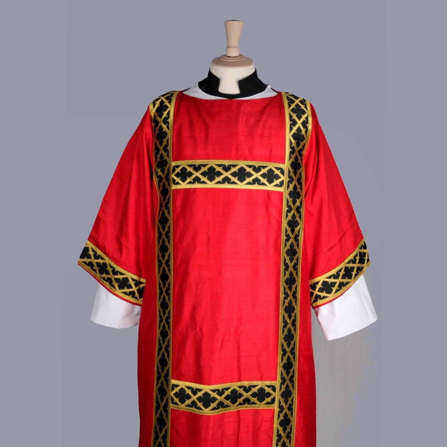 Gothic Dalmatic in Tartan Red Dupion Silk with Black/Gold Trellis Orphreys - Watts & Co. (international)