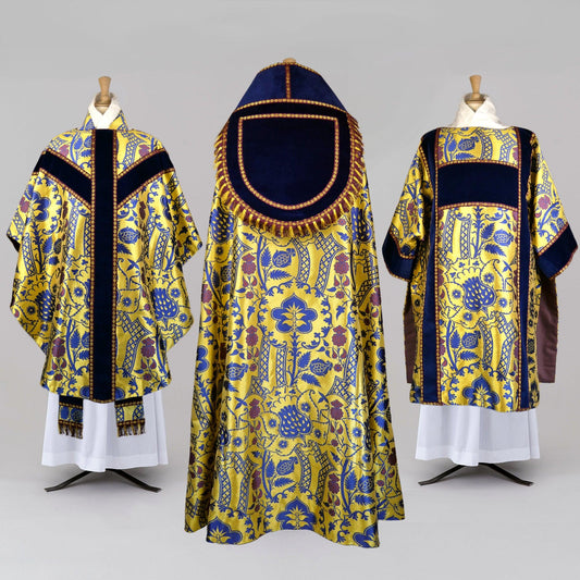 Gothic High Mass Set in Gold/Blue/Purple 'Comper Strawberry' with Sapphire Velvet Orphreys - Watts & Co.