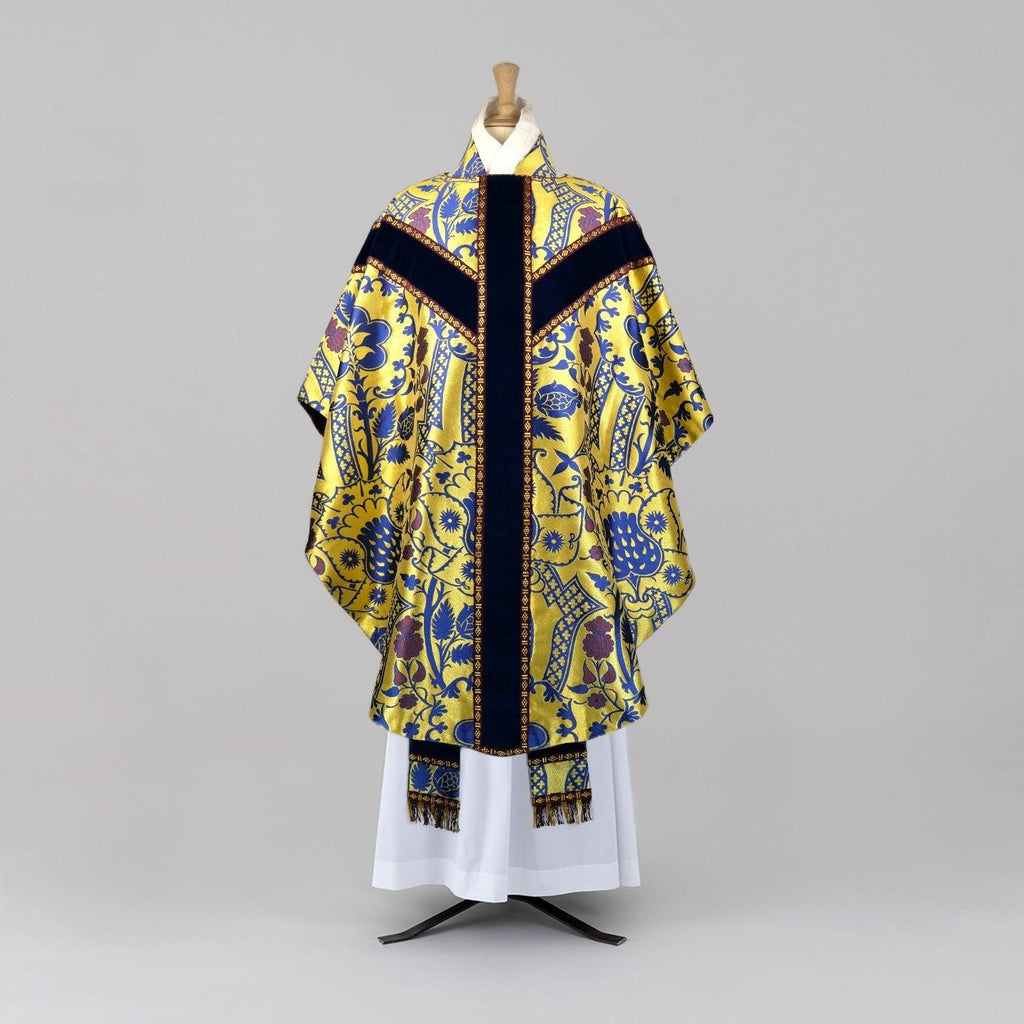 Gothic High Mass Set in Gold/Blue/Purple 'Comper Strawberry' with Sapphire Velvet Orphreys - Watts & Co.