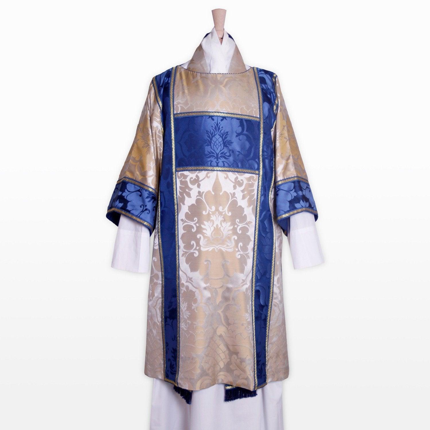 Gothic Tunicle in Oyster Bellini with Blue Bellini Orphreys - Watts & Co. (international)