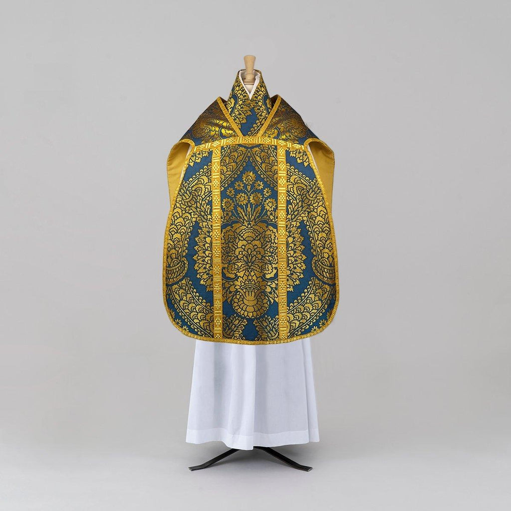 Latin Chasuble in Blue/Gold 'Memlinc' with Outline Orphreys - Watts & Co.
