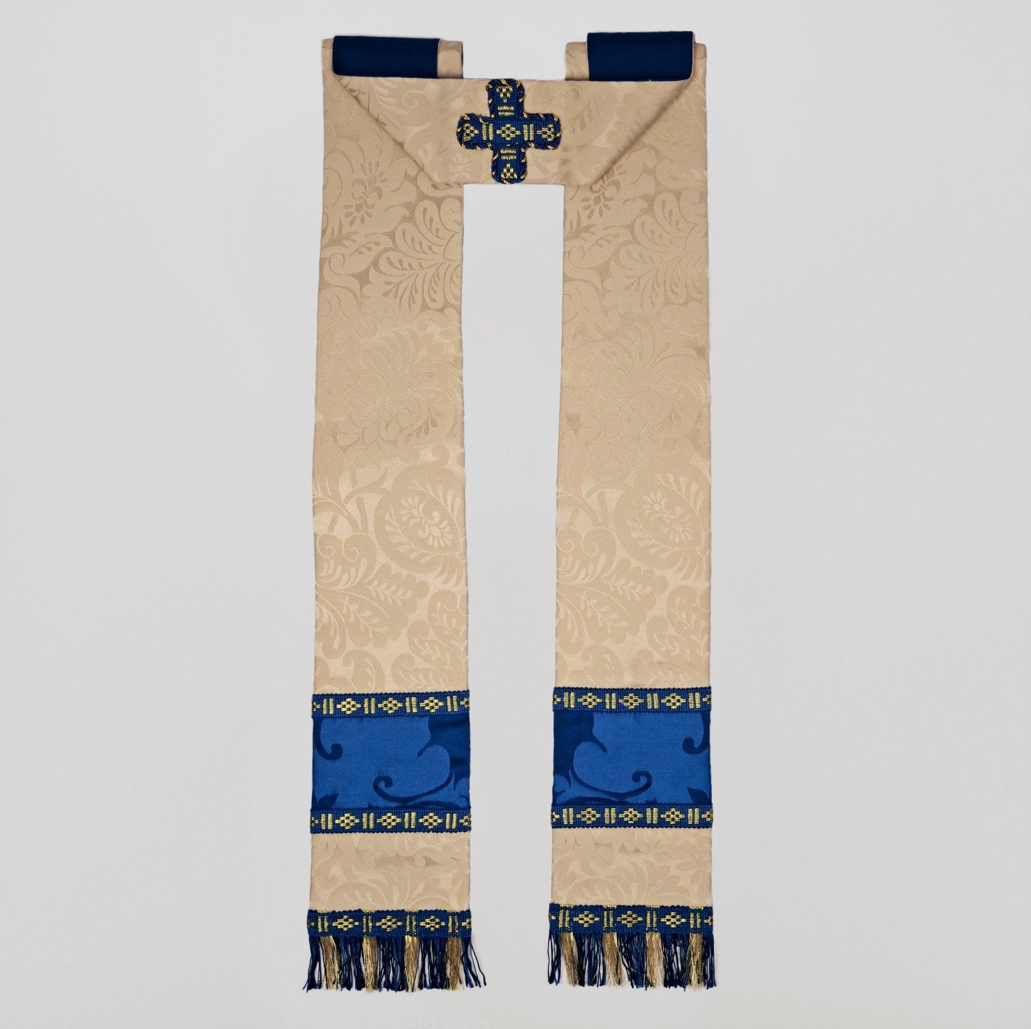 Minster Cope in Cream 'Holbein' with Blue 'Bellini' Orphreys and Sacred/Immaculate Heart Embroidered Hood - Watts & Co.