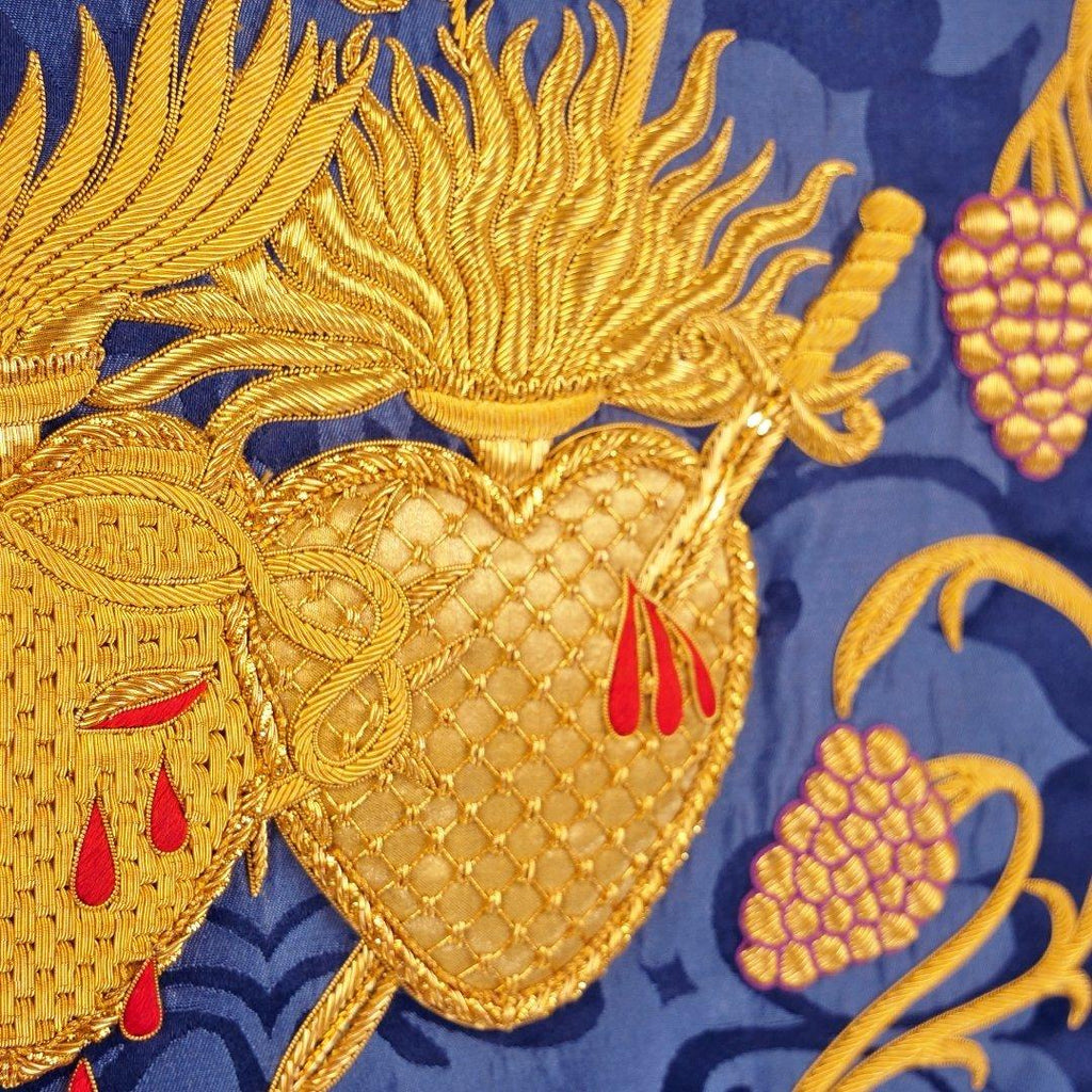 Minster Cope in Cream 'Holbein' with Blue 'Bellini' Orphreys and Sacred/Immaculate Heart Embroidered Hood - Watts & Co.